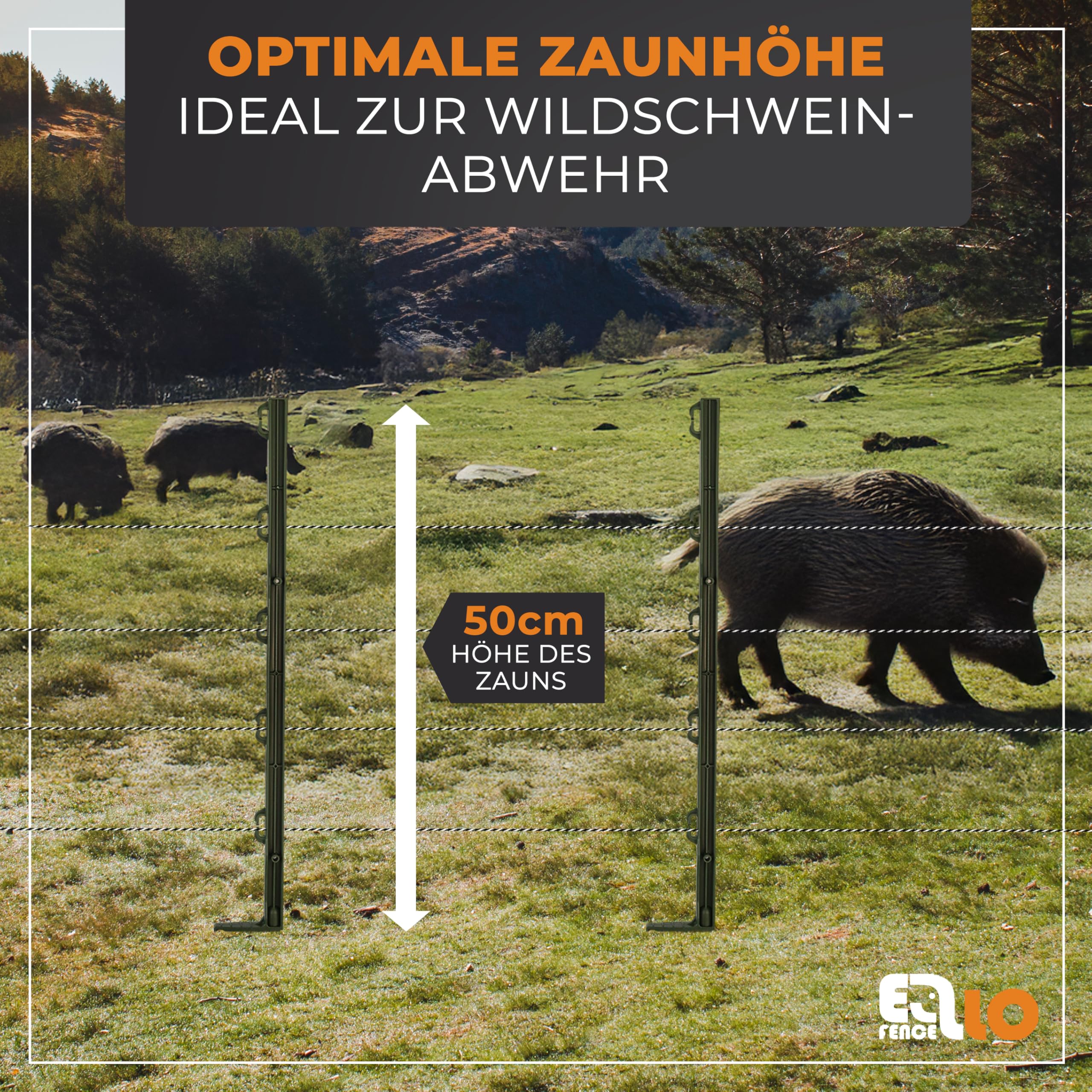 Wildschweinabwehr Set 50m | Wildschweinschutz durch Stormzaun | ALL-IN-ONE Set | Starkes 230V Weidezaungerät, 200m Litze, 10 Pfähle, 25 Ringisolatoren, Erdung, LED Prüfer & Warnschild