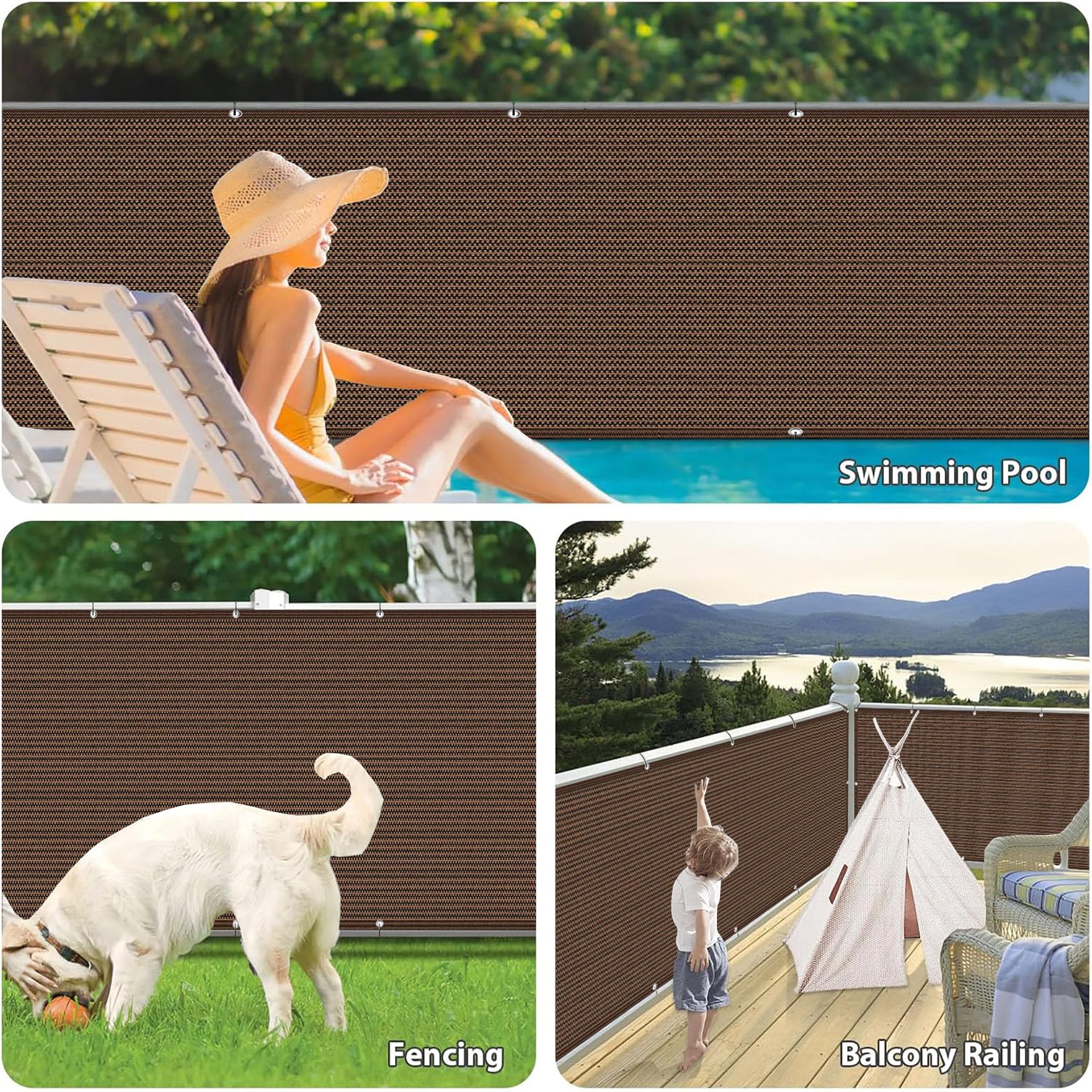Malla de Ocultación 90 x 550 cm Privacidad Protección Solar y Transpirabilidad Malla de Ocultacion Valla con Sogas y Bridas para Exterior Terraza Jardín, Marrón
