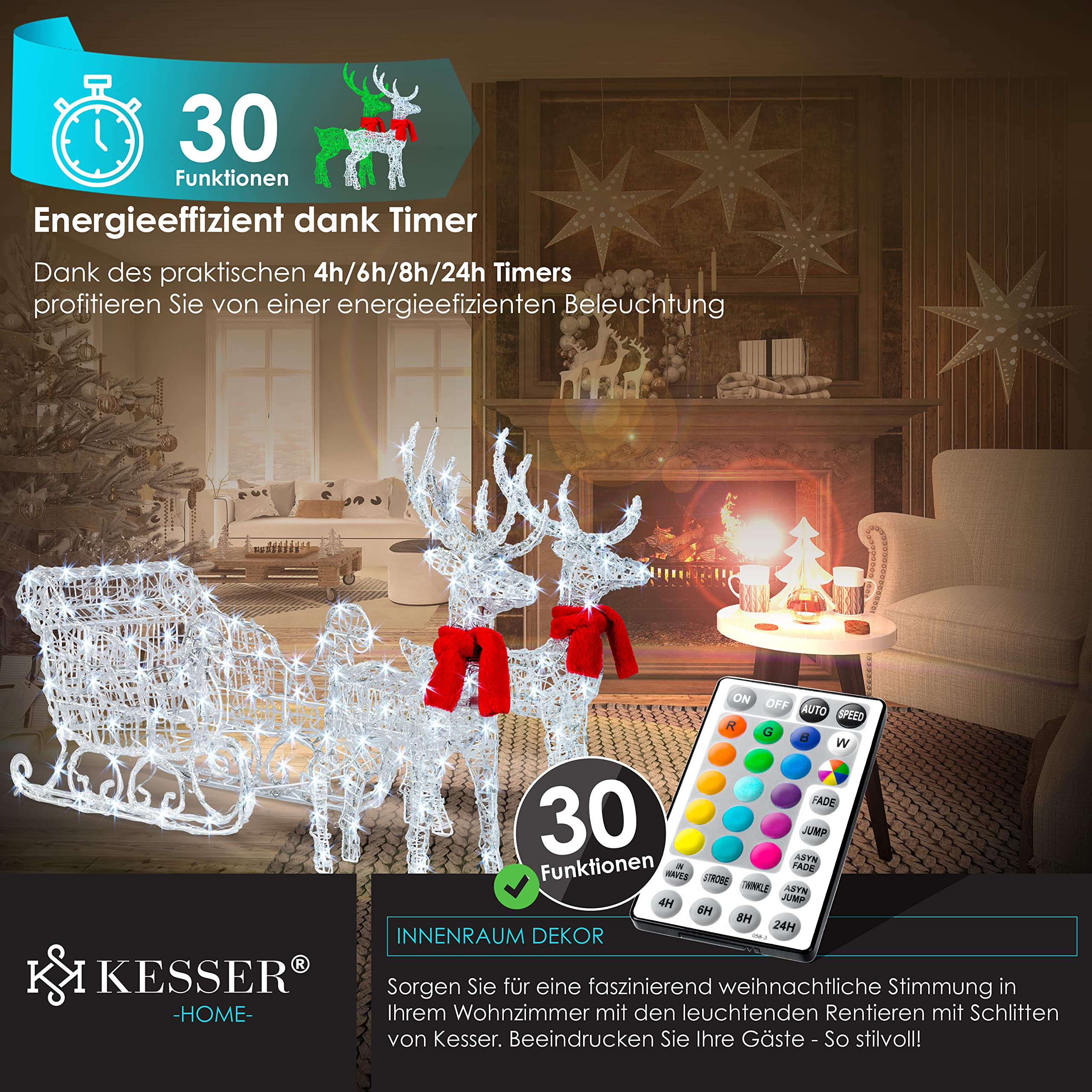 KESSER® 240 LED Rendieren Met Slee Witte Timer Incl. 2X Decoratieve Kerstverlichting Voor Buiten En Binnen Kerstfiguur Kerstdecoratie Permanente Verlichting Knipperend 1012813273