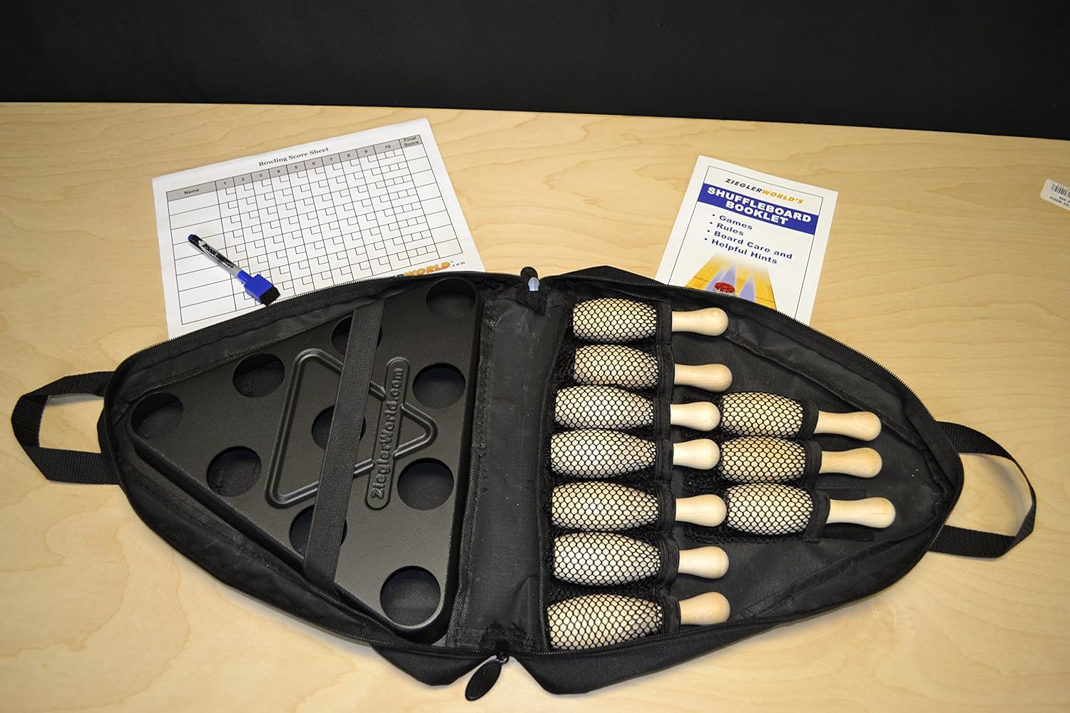 Zieglerworld Table Shuffleboard Bowling Brown Pins - Pinsetter - Rules Booklet Scoring Chart & Storage Carrier Bag