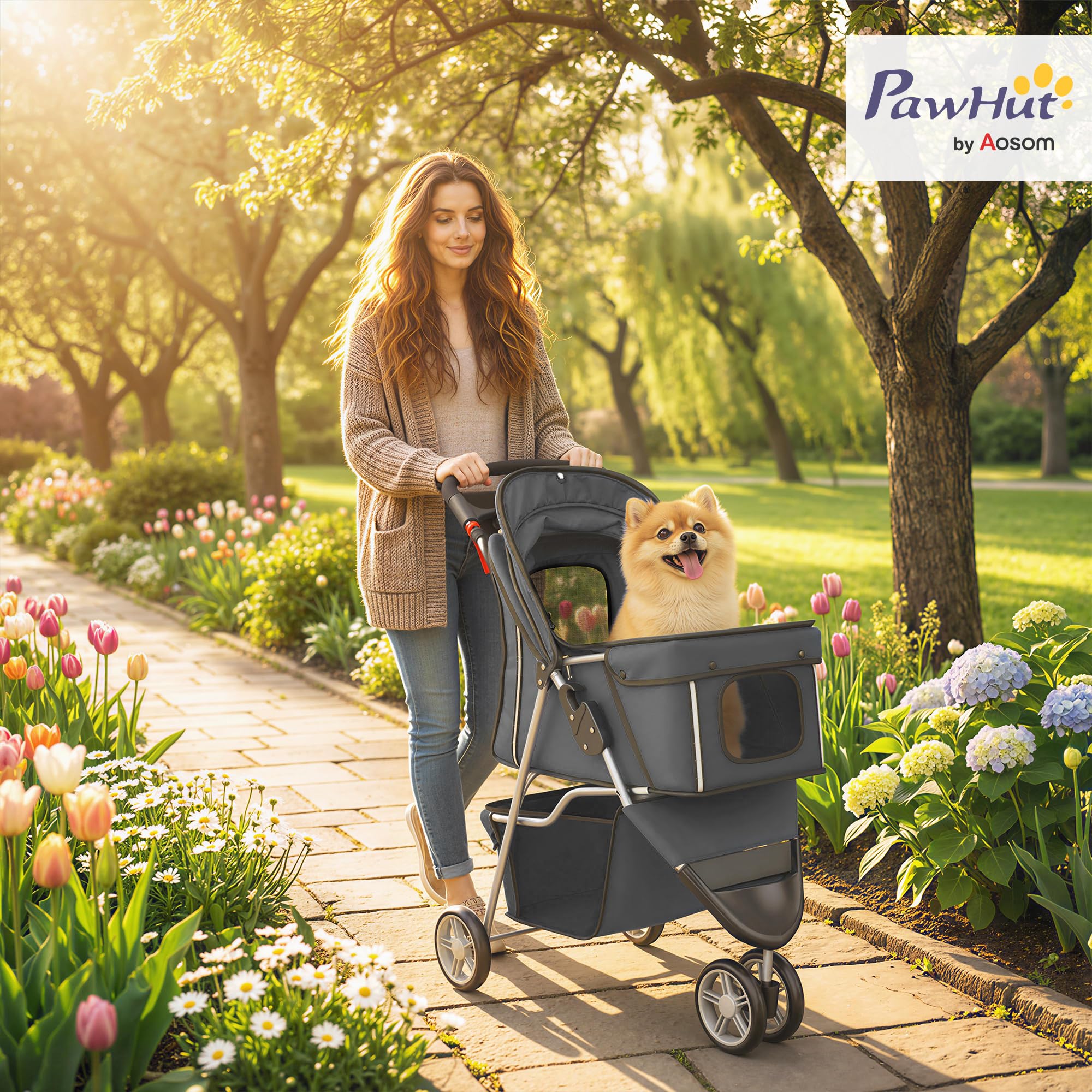 PawHut Carrito para Perros Plegable, Cochecito para Perros Pequeños con Cesta de Almacenaje, Ventanas de Malla, Portavasos y Ruedas, Carga 10 kg, 77x44x102 cm, Gris Oscuro