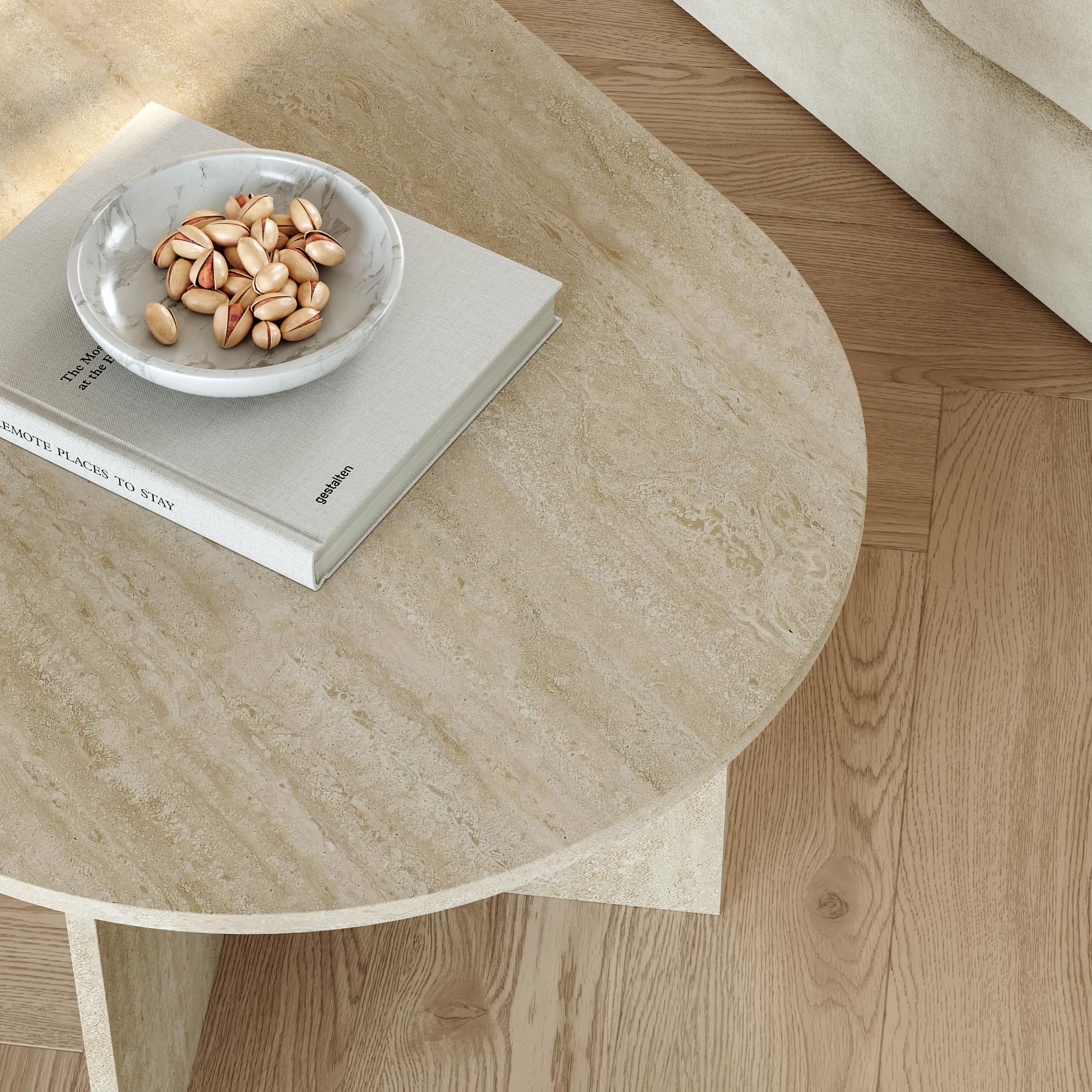 [en.casa] Tavolino da Salotto con Piano Ovale Tavolo Basso Centrale da Caffè per Soggiorno Zona Living Studio Sala d'Attesa 119 x 60 x 40 cm - Color Avorio Travertino