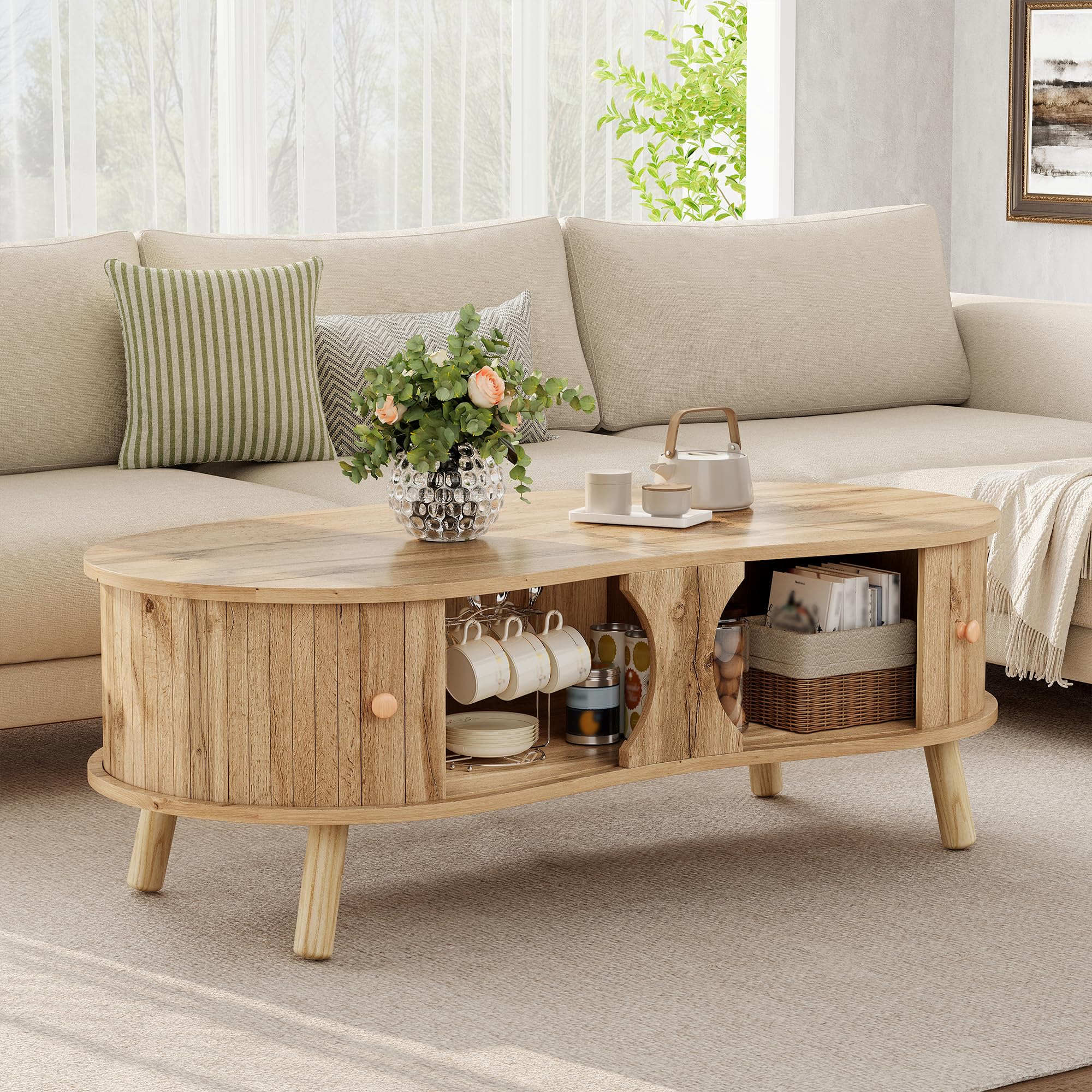 Ensemble de salon 3 pièces de style japonais avec meuble TV bas buffet et table basse en forme de pois organique avec portes coulissantes aspect bois avec pieds en bois massif chêne naturel