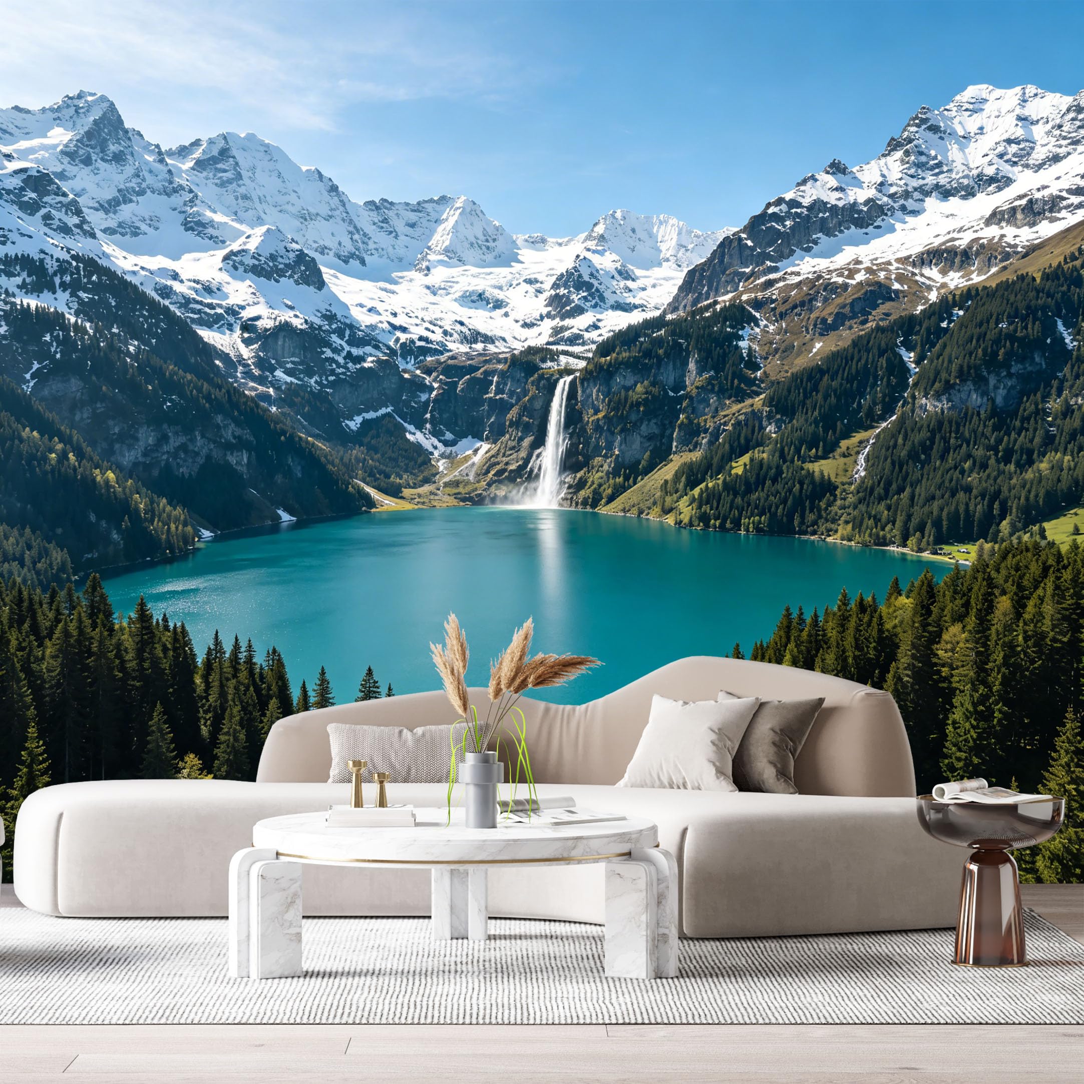 Custom Size Wall Murals Mountain Lake Landscape Alpine Waterfall Pine Forest Scenic View SelfAdhesive Wall Fabric Removable Large Wallpaper Photo for Living Room
