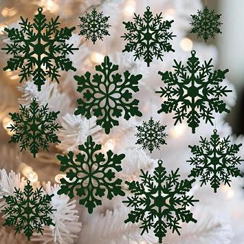 36pcs Dark Green Flocked Christmas Snowflake Ornaments, Hanging Velvet Snow Flakes for Christmas Tree Decorations Winter Wonderland Frozen Birthday Party Holiday Home Decor Craft Snowflakes