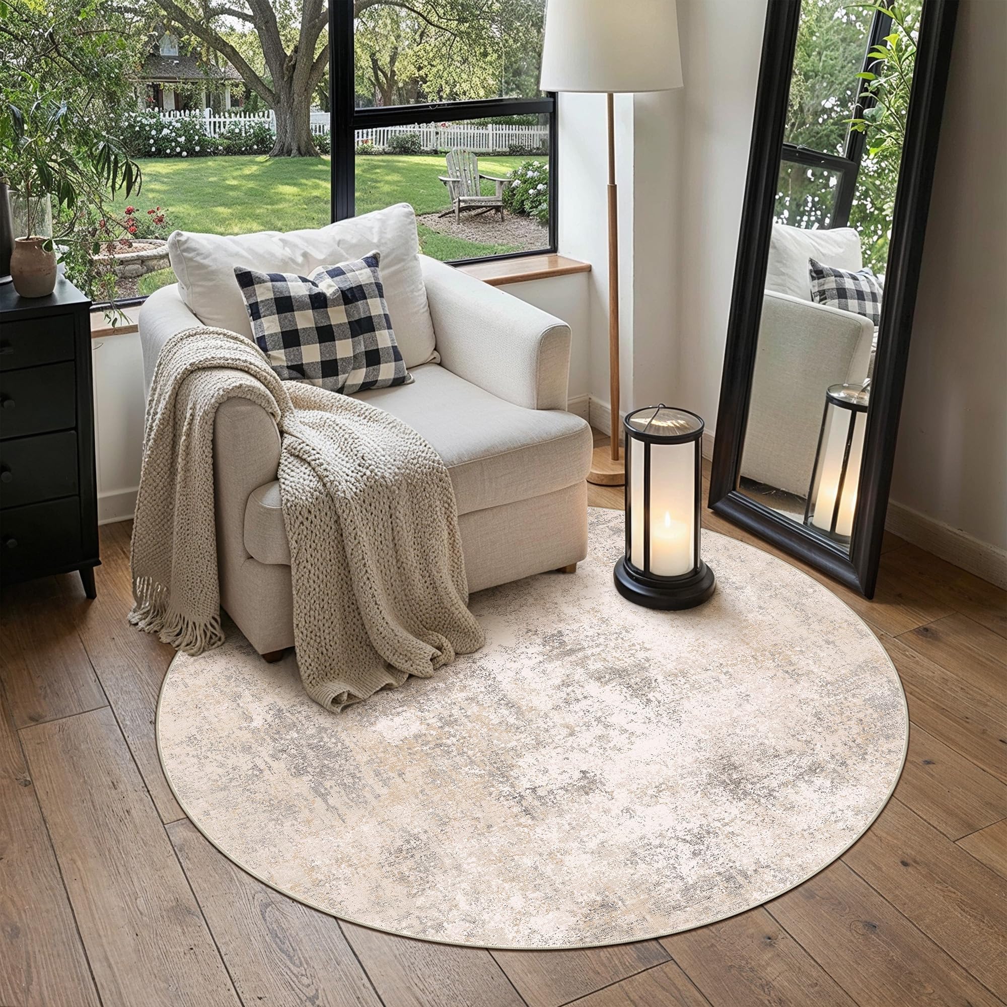 PureCozy Abstract Rug Round 120 cm Cream Living Room Rugs Washable โ image 1