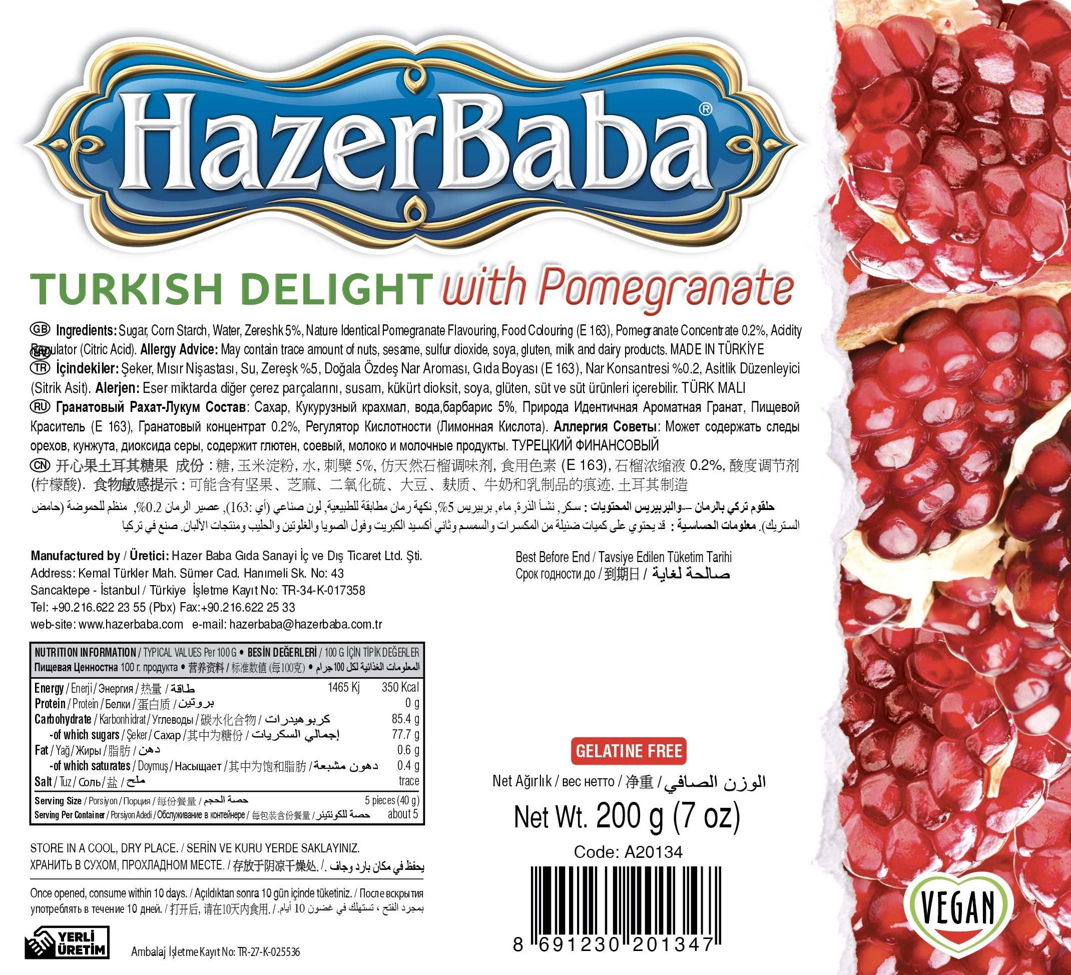 Hazer Baba Premium Turkish Delight Candy, Pomegranate & Zereshk Flavored, Gourmet Snack Box, Traditional, Vegan Snack, Turkish Lokum, Sweets, Loukumi, Delicias Turcas, Halal, Kosher, 7oz (200g)