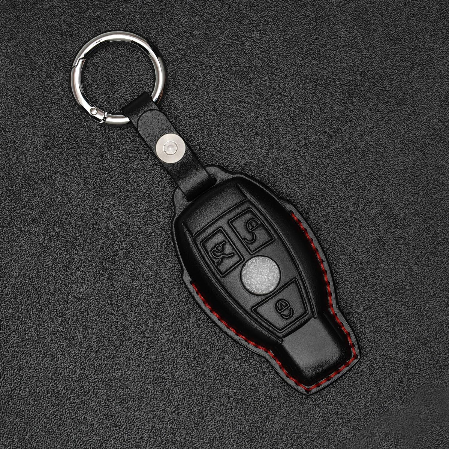for Mercedes Benz Key fob Cover Genuine Leather with Keychain,Leather Key case Protector Compatible C E M S CLS CLK GLK GLC G AMG Series Smart Remote Key -Black(Red Line) - Image 7