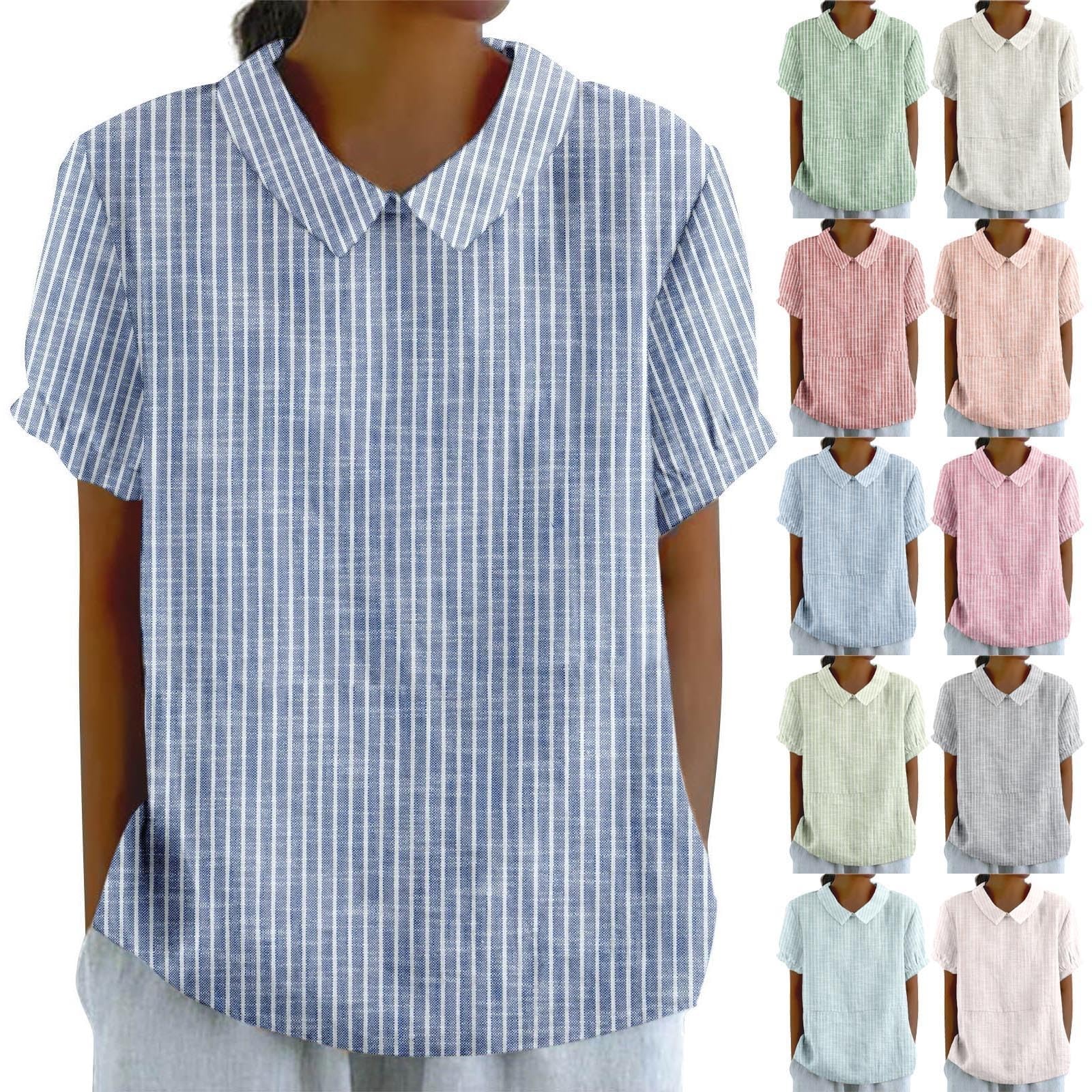 Gestreift Bluse Damen Elegant Peter-Pan-Kragen Blusenshirt Kurze Ärmel Tshirt Gestreiftes Oberteil Tunika Lose Hemdbluse Sommerbluse Shirtbluse Blusehemd Blusen Damenblusen Blusentop