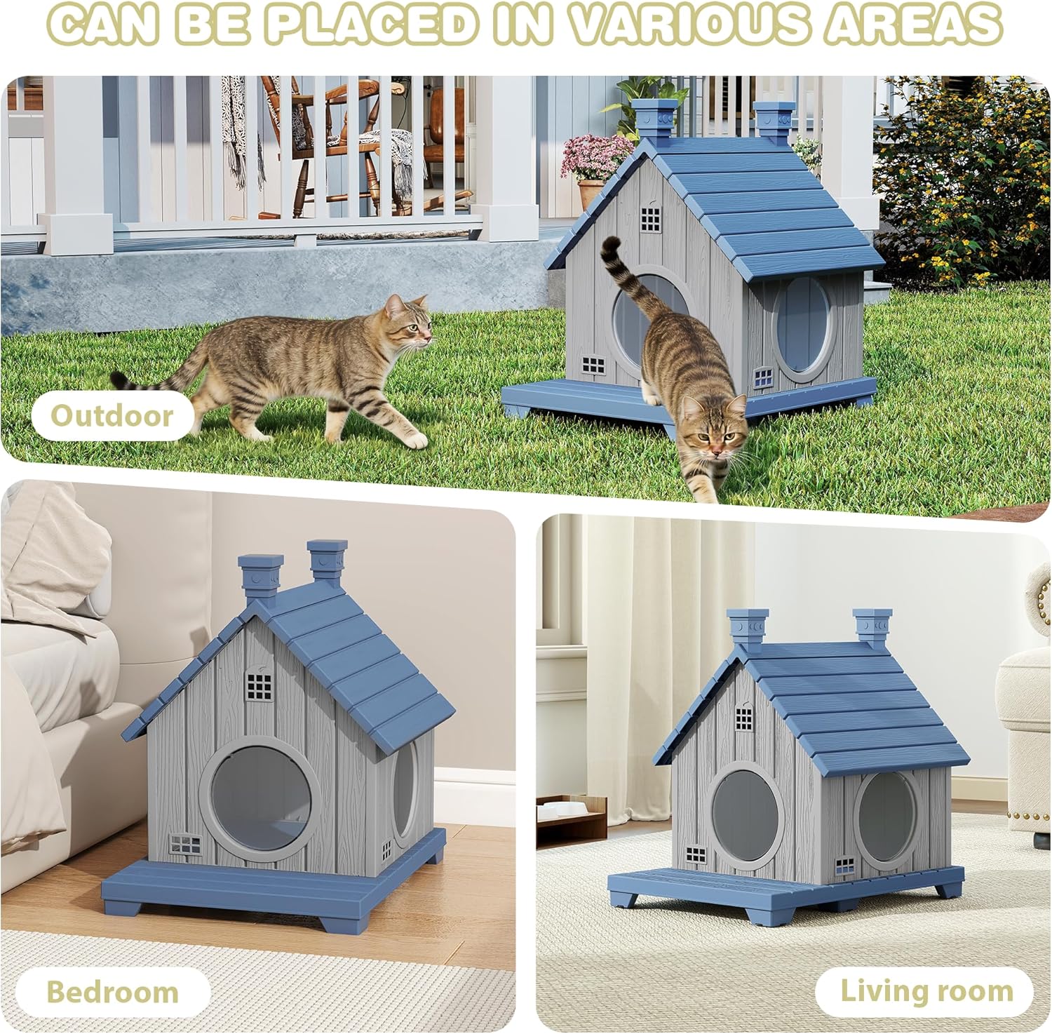 Outdoor Cat House Weatherproof, Durable Resin Cat Houses for Outdoor Indoor Cats, Litter Box Enclosure with Elevated Base, Anti-Slip Pad, Ventilation, Blue