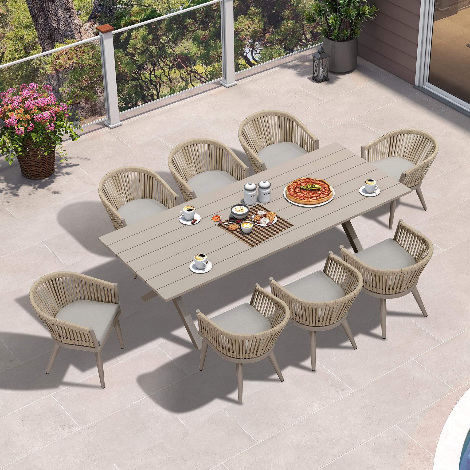 PURPLE LEAF 9 Pieces Outdoor Dining Set with Longer Table, Champagne