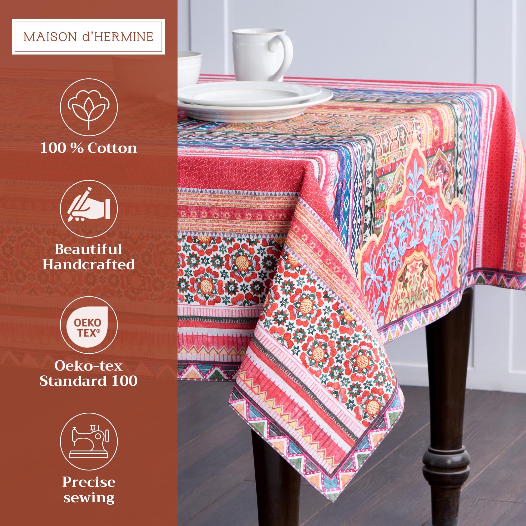 Maison d'Hermine - Mantel rectangular 100% algodón, 180 cm x 140 cm, reutilizable, uso diario, para decoración navideña, comedor, casa de campo, hogar, fiesta, festivo (Ispahan)