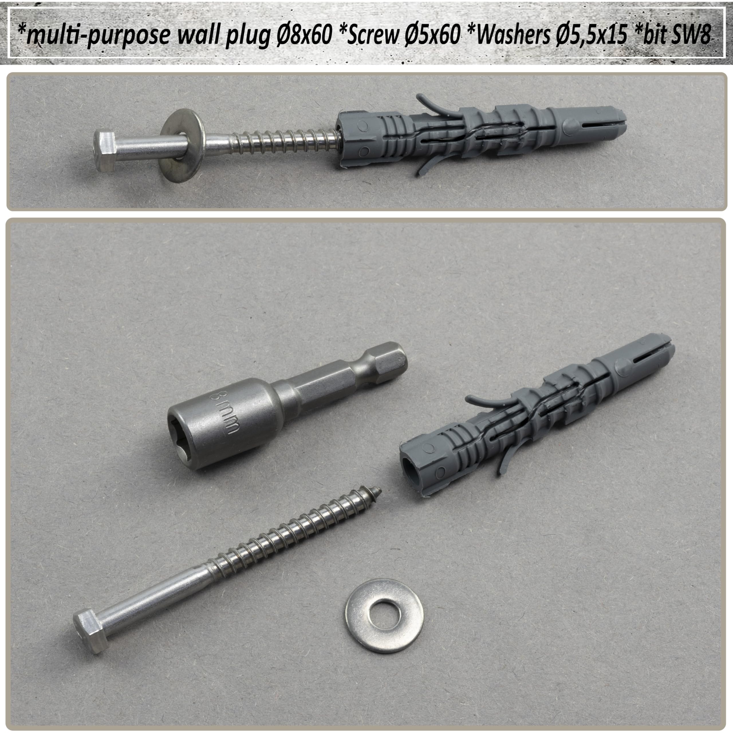AERZETIX - Kit di 8 tasselli in nylon Ø8x60 mm + 8 viti tirafondo Ø5x60 mm inossidabile A2 + 8 rondelle larghe A2 per vite M5 + 1 bussola esagonale interna 1/4" SW8