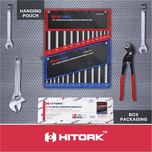Miniatura 9 de Hitork Juego de llaves combinadas de 24 piezas, SAE (14"-1") y métricas (0.3150.945 in), acero Cr-V, acabado cromado espejo, extremo de caja de 12