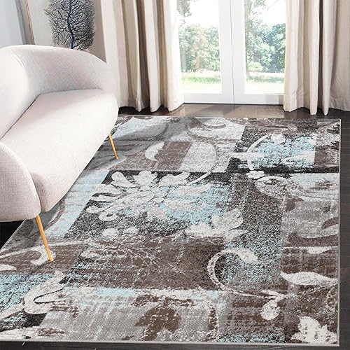 Superior Indoor Area Rug, Jute Backed, Perfect for Office, Living/Dining Room, Bedroom, Kitchen, Hallway, Entryway, Floor, Modern Floral Patchwork Decor, Pastiche Collection, 8' x 10', Brown-Turquoise