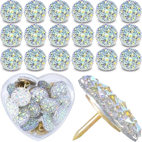 PAGOW 20 pines de diamantes de imitación para tablón de anuncios de corcho, tachuelas de pulgares, tachuelas de diamante transparente para escuela