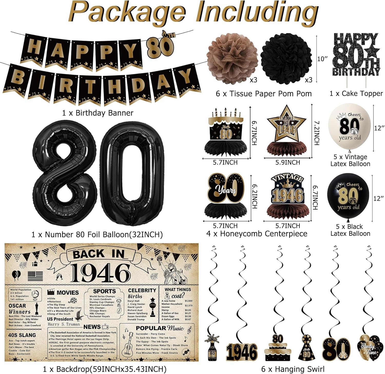 DARUNAXY 80th Birthday Party Decorations for Men Women, Vintage Back in 1946 Banner, Black 80 Number Balloons & Cake Topper, Vintage 1946 80 Birthday Honeycomb Hanging Swirl Confetti Balloons(30PC)