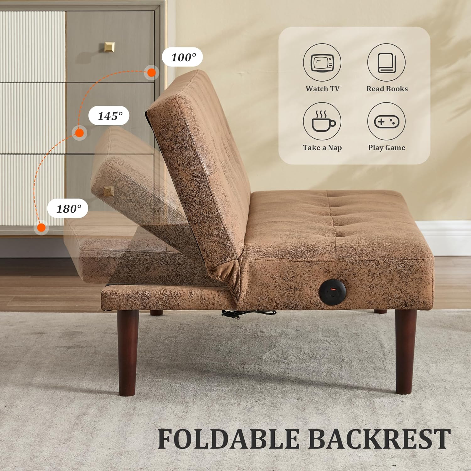 Anwick Convertible Futon Sofa Bed with Charging Port, 45″ Folding Sleeper Sofa, Adjustable Backrest, Small Couch for Living Room Small Spaces Or Office, Modern Loveseat (Coffee)