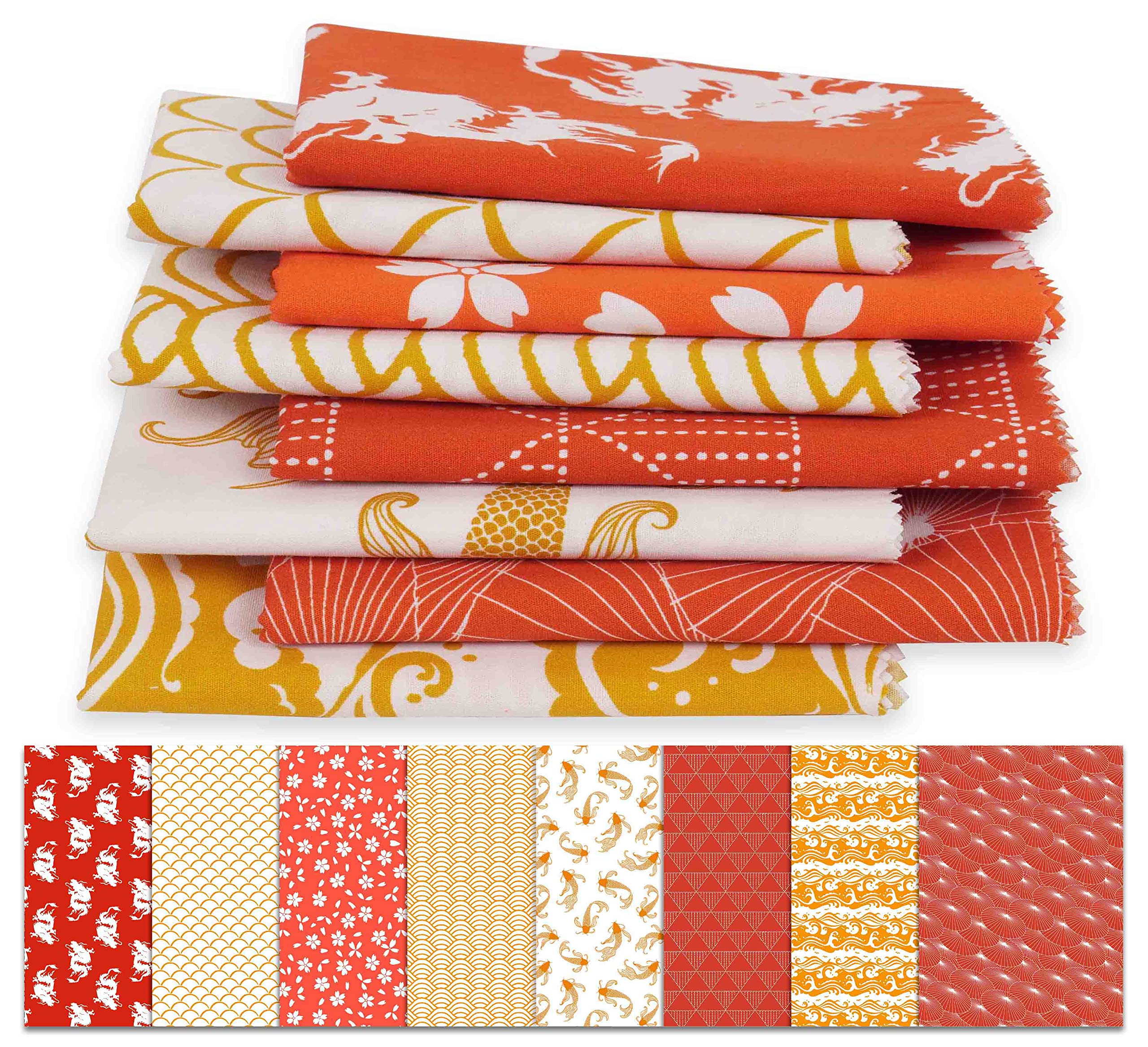 Soimoi 8 Pc Fat Quarter Bundle, Asian Theme Japanese Print 18"x 22" DIY Patchwork-100% Cotton Pre-Cut Quilting Fabric Red, Orange
