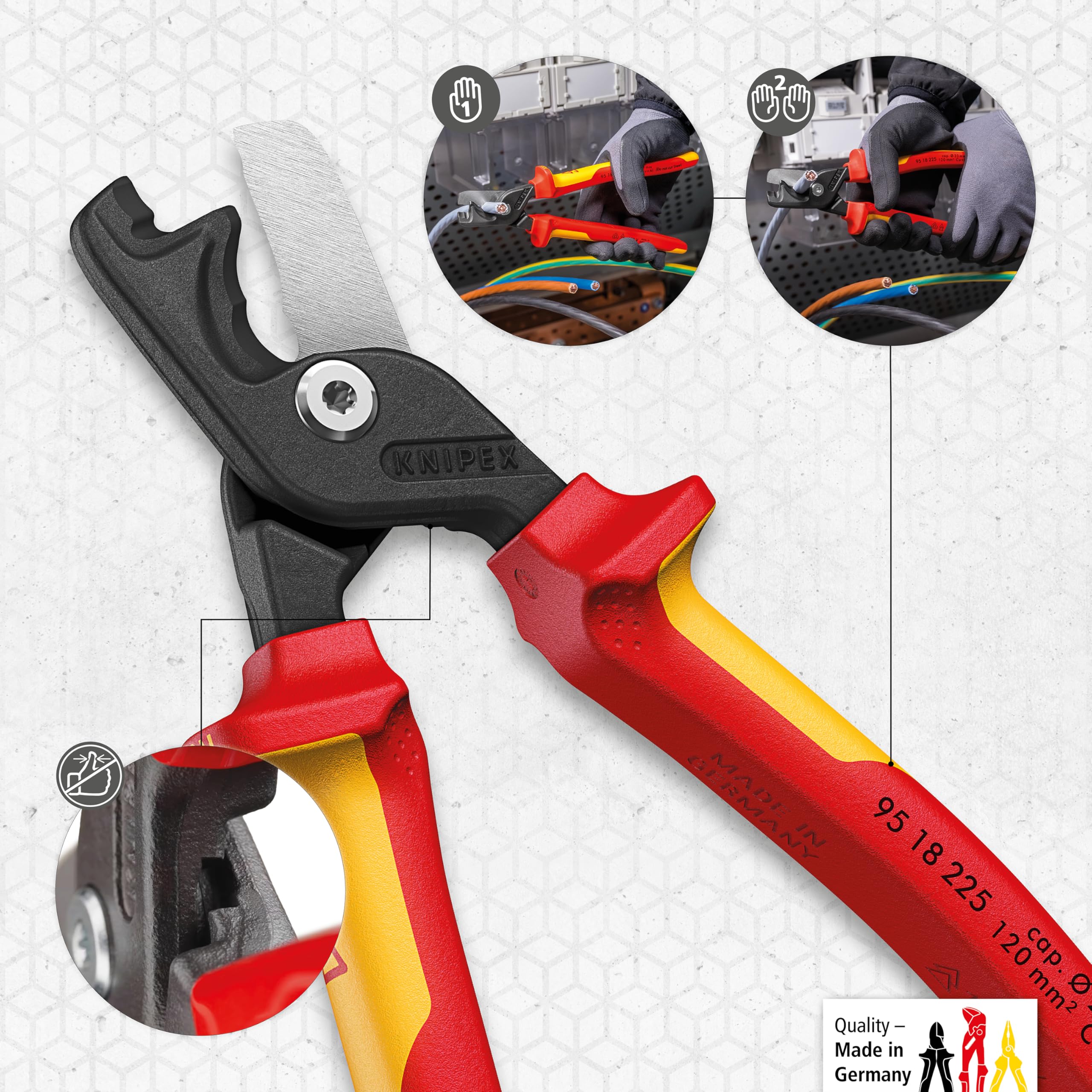 Knipex StepCut XL Coupe-câbles avec coupe par étapes poignée isolante bi-matière, certifiée VDE 225 mm, 95 18 225