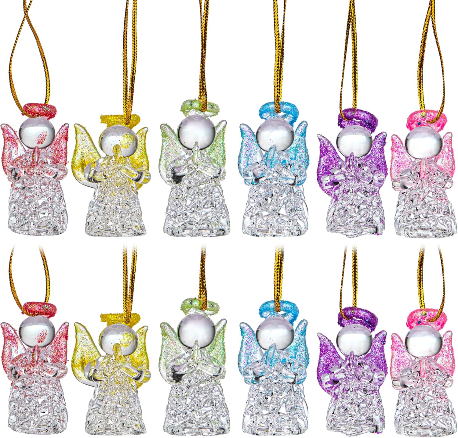 12pcs Glass Angel Ornaments Spun Angels Christmas Tree Ornaments 1.6" Colorful Mini Hanging Guardian Angel for Christmas Season Holiday Decor 12pcs Colorful Guardian Angel-1