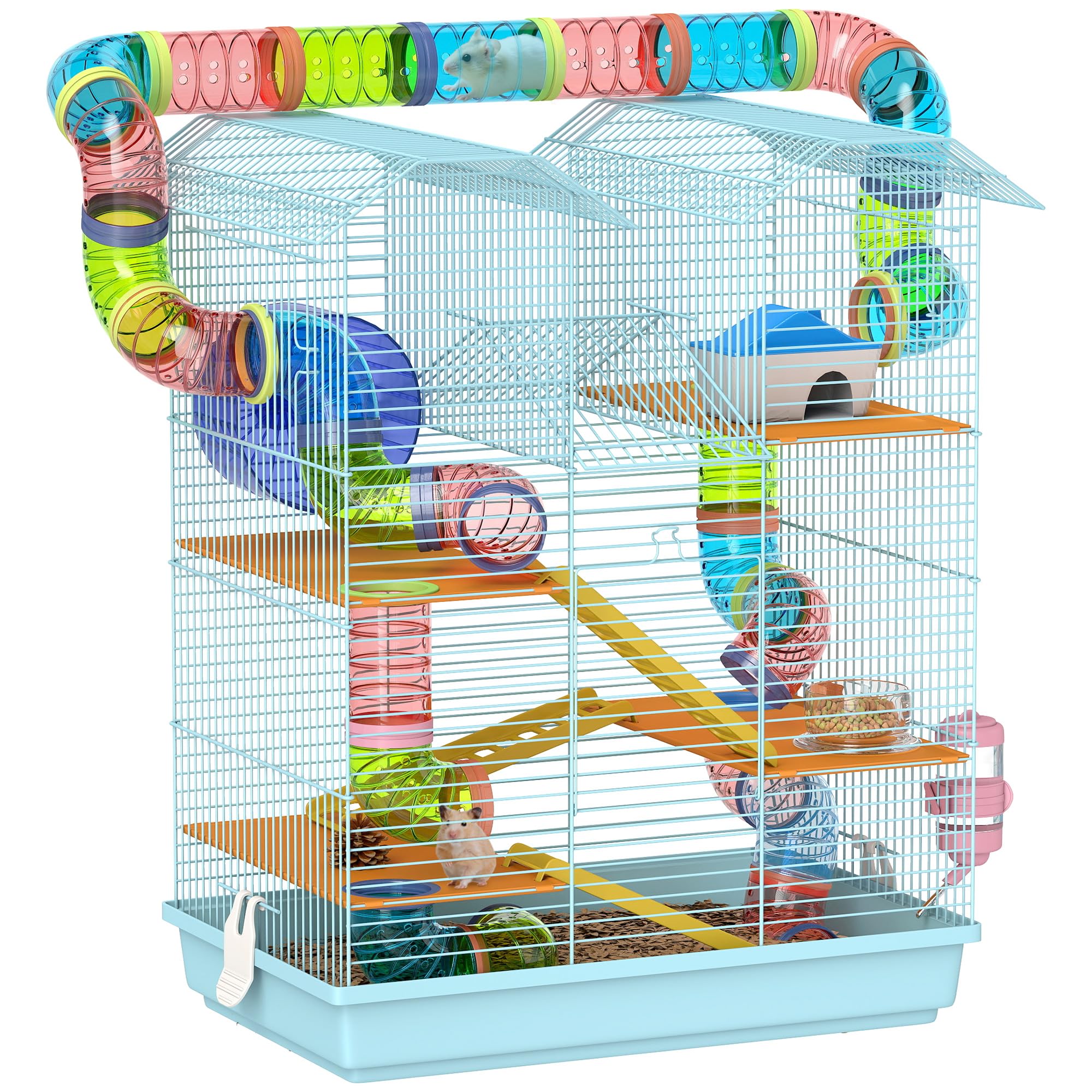 PawHut 5-stöckiger Hamster- und Nagetierkäfig, Hamsterkäfig mit farbigen Röhren, Rad, Haus und Zubehör im Lieferumfang enthalten, 47x30x59 cm, hellblau | Hamsterkäfig mit farbigen Röhren, Häuschen, inklusive Zubehör