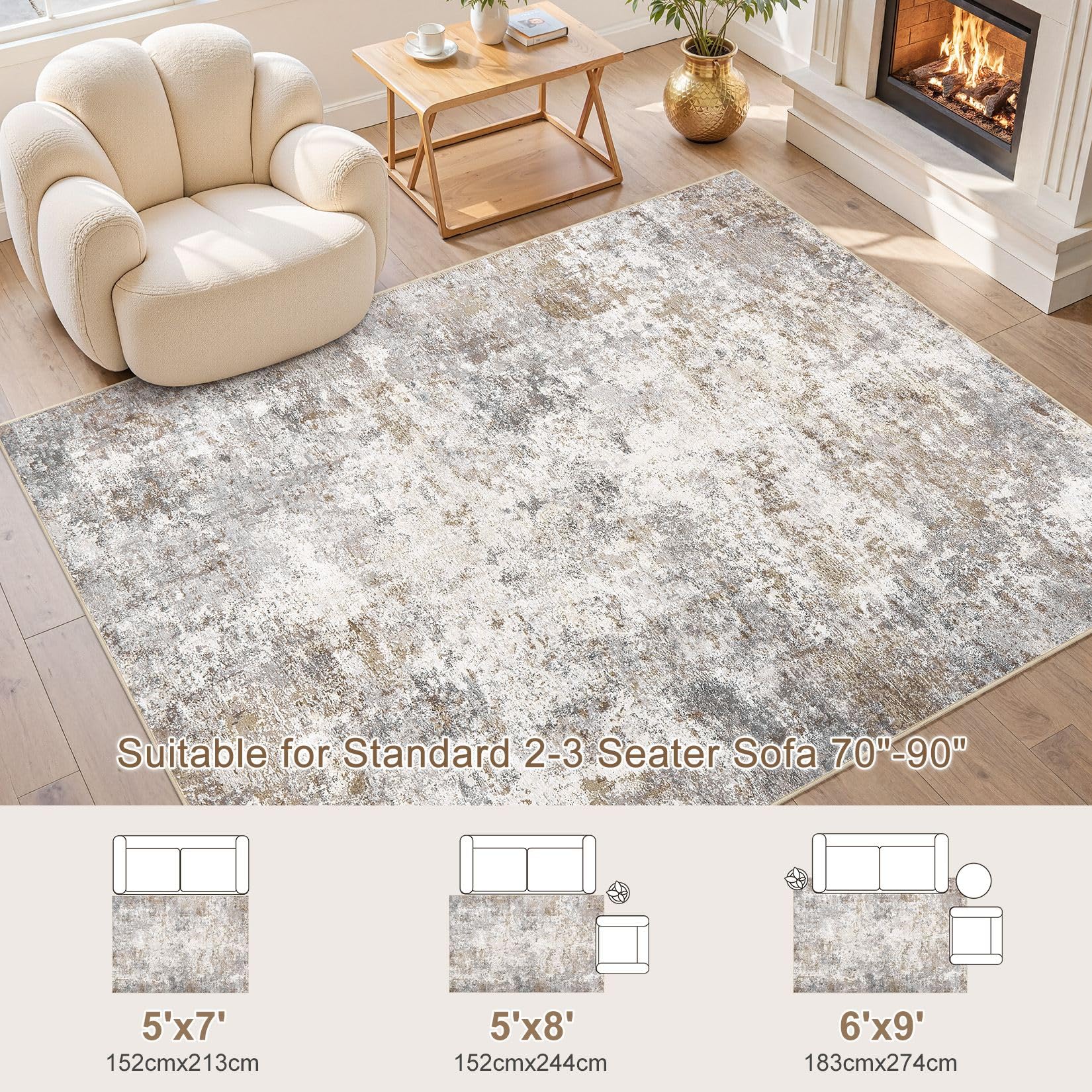 5x7 Area Rug Living Room Rugs - Washable Neutral Modern Abstract Soft Thin Large Rug Indoor Floor No Slip Rug Carpet for Bedroom Under Dining Table Home Office Decor - Brown Grey