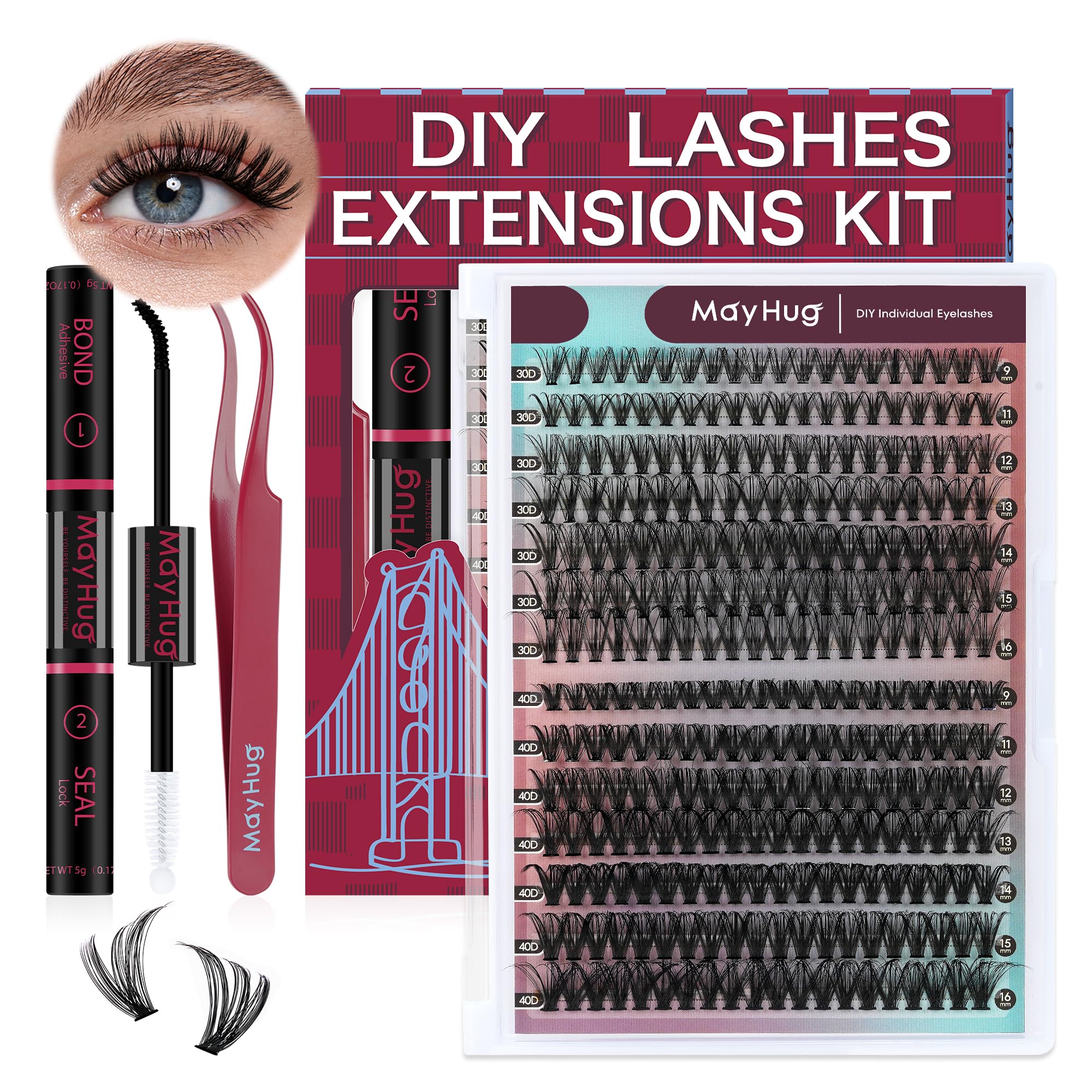 Mayhug Wimpern Extensions Set 30+40D Lash Extension Set 9-16mm Cluster Lashes 280Pcs D Curl Einzelne Wimpern Natürliche DIY Lash Extension Set für Anfänger(30+40D-9-16mix Kit)