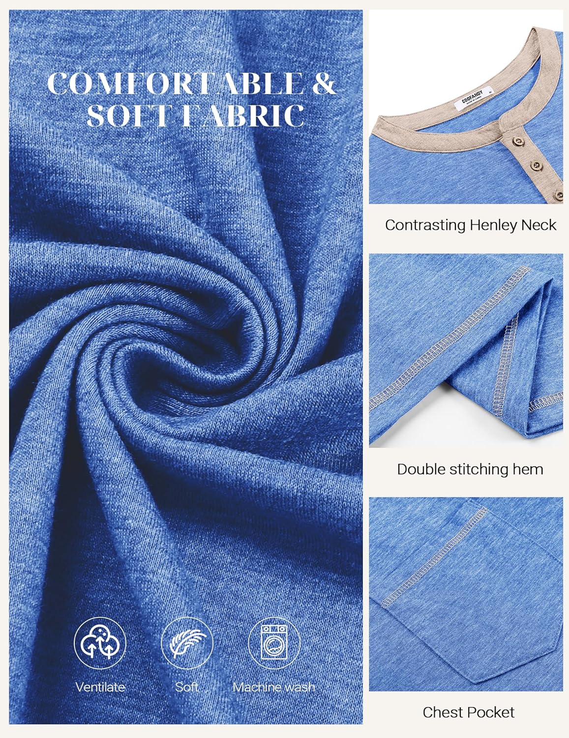 COOFANDY Mens Henley Shirts Short Sleeve Casual Button T-Shirts Basic Tee Shirts Summer Vintage T Shirts with Pocket - Image 5