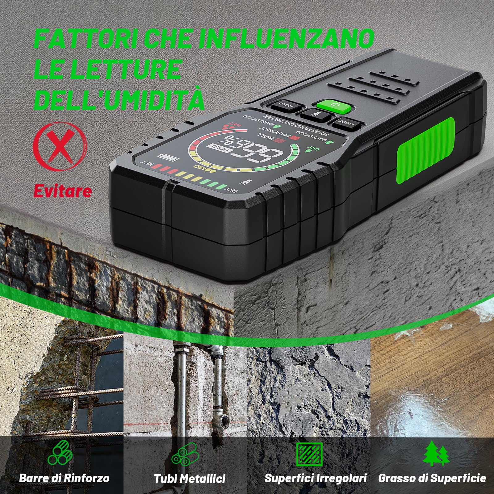 Misuratore e Rilevatore Umidità per Muri, Legno e Materiali da Costruzione, non Distruttivo con Display LCD e Allarme Sonoro