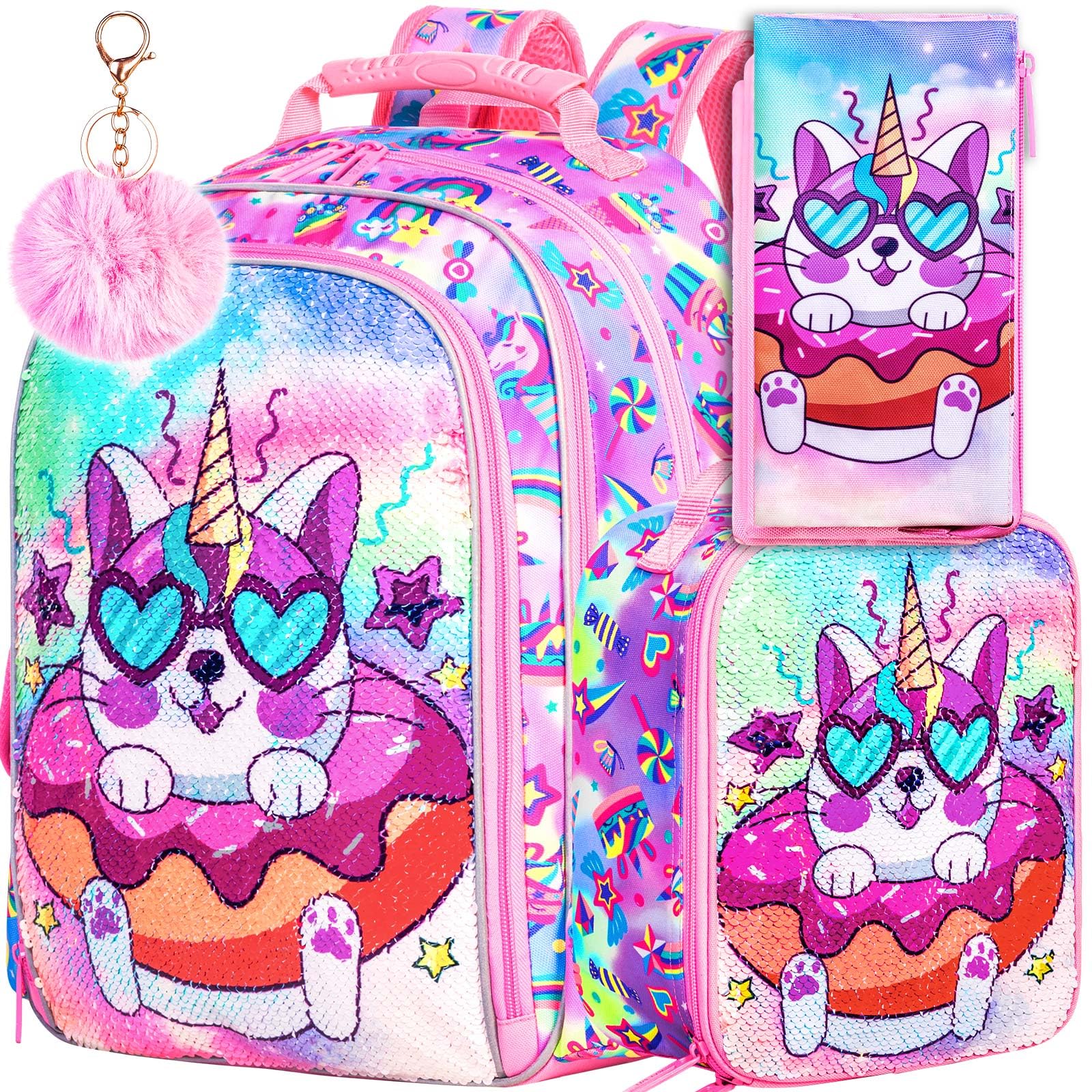 3PCS Kids Backpacks for Girls, 16" Little Kid Preschool School Bookbag and Lunch Box - Unicorn/Mermaid/Flamingo | 3PCS, Preschool School, Bookbag, and