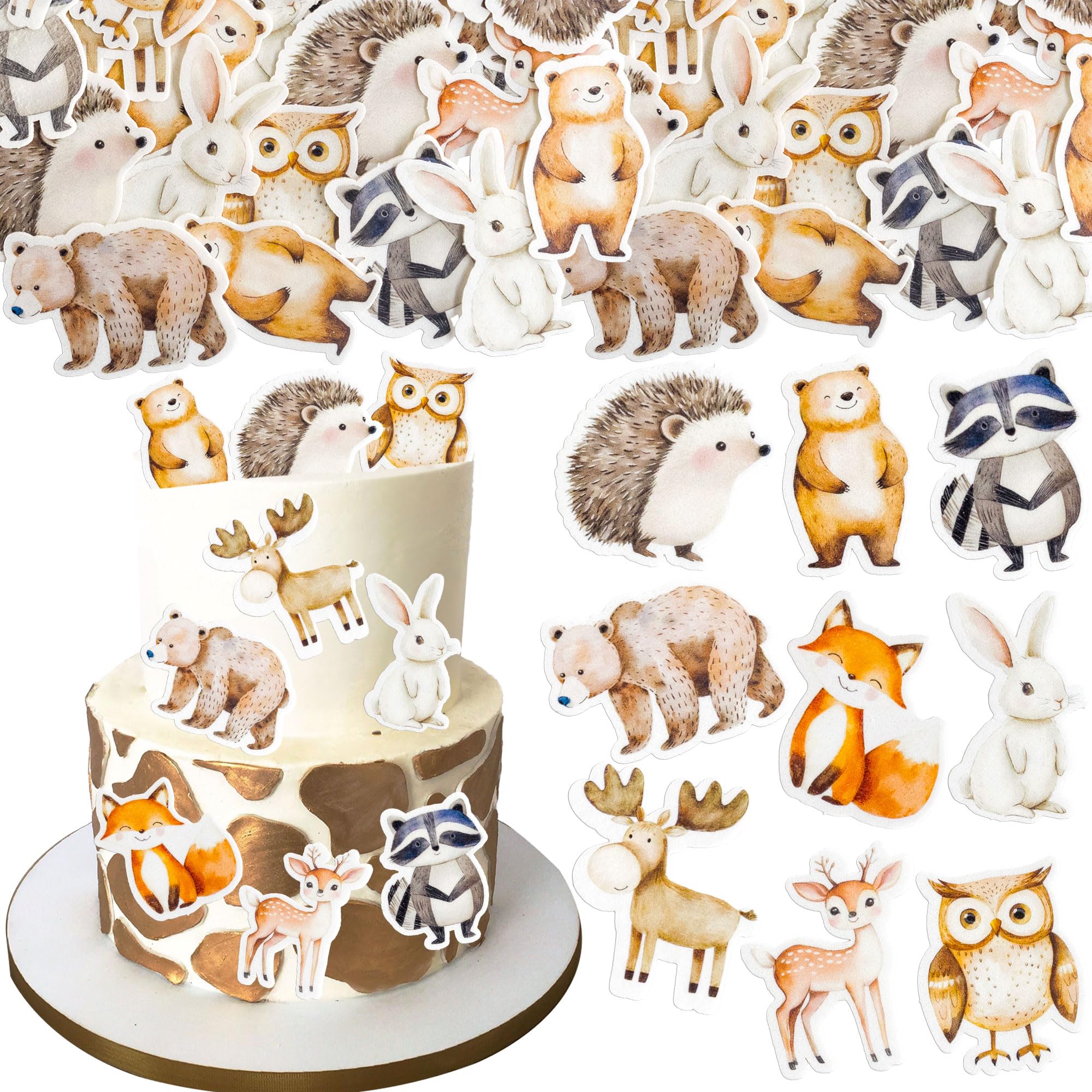 Ephlyn 54Pcs Edible Woodland Animal Cupcake Toppers Bear Fox Deer Cupcake Picks Raccoon Cake Topper for Baby Shower Woodland Birthday Party Decoration Coffee Orange