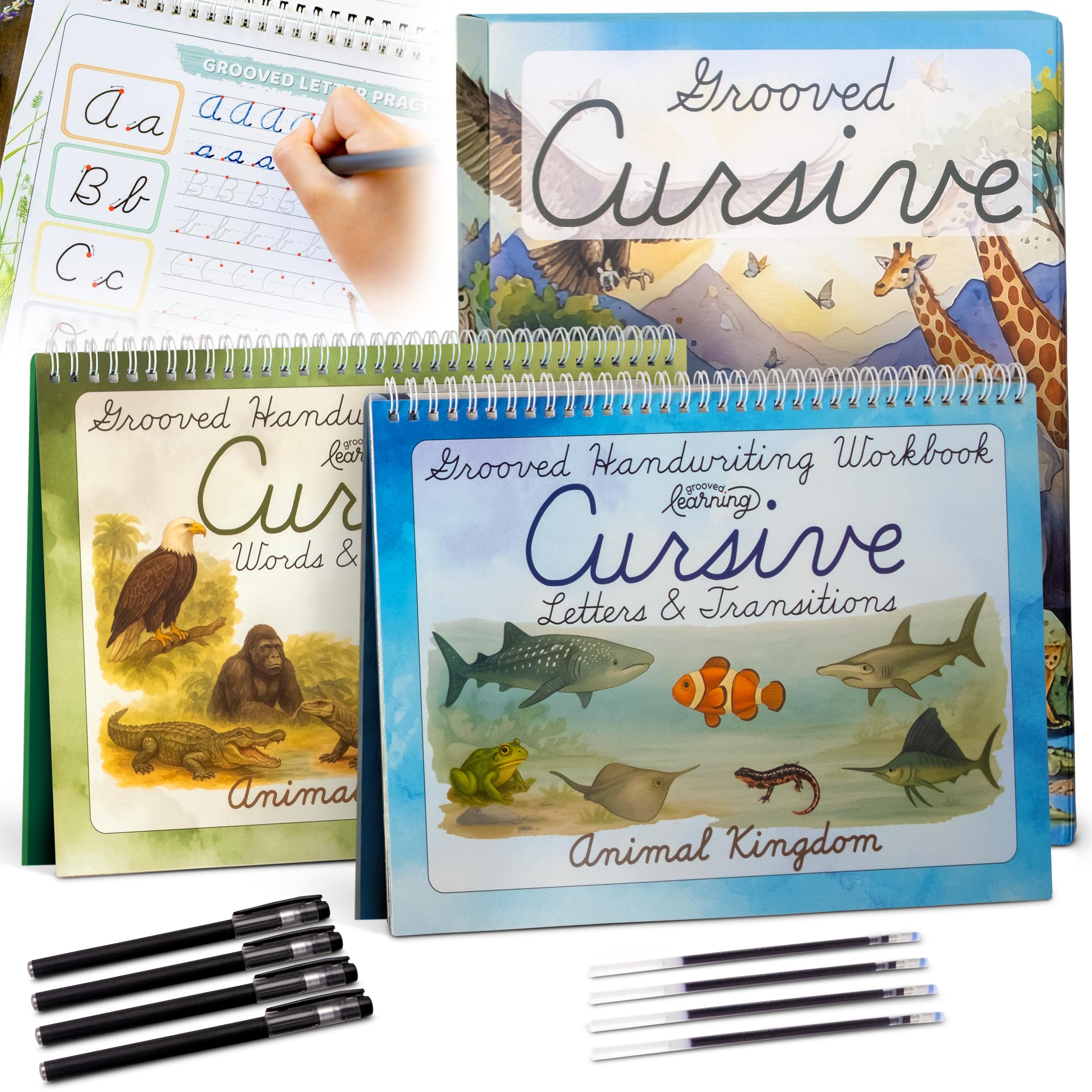 Animal Kingdom Cahier d'exercices cursif rainuré pour enfants de 8 à 12 ans – Graceful By Design – 21,6 x 27,9 cm – Pratique d'écriture rainurée pour enfants avec 4 stylos à encre magique, recharges