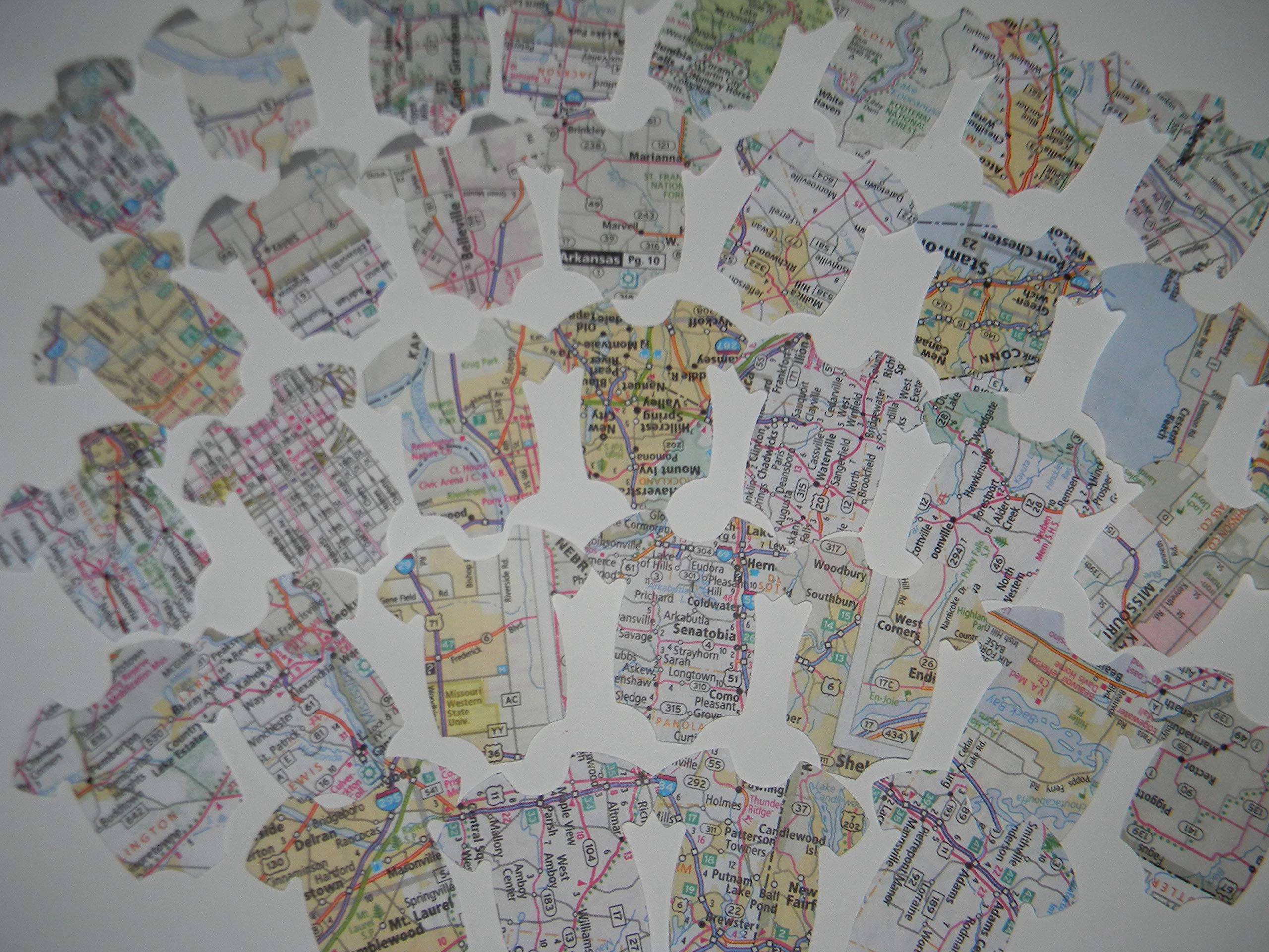 100 Road Atlas Map onesie confetti - baby shower party decor - Welcome to the World Travel decorations