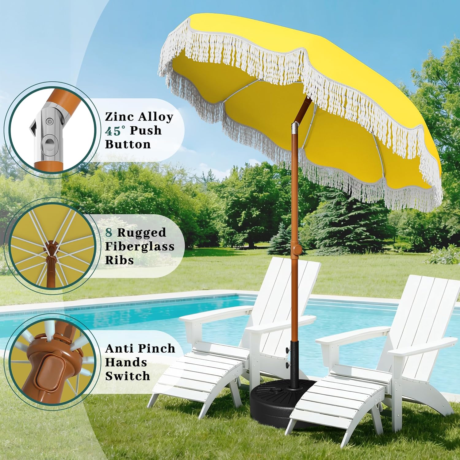AreShark 7ft Patio Umbrella with Fringe, UPF50+ Beach Umbrella for Table, Pool & Garden, Portable Outdoor Tassels Umbrella w/Fiberglass Ribs&Push Bottom Tilt(Yellow)