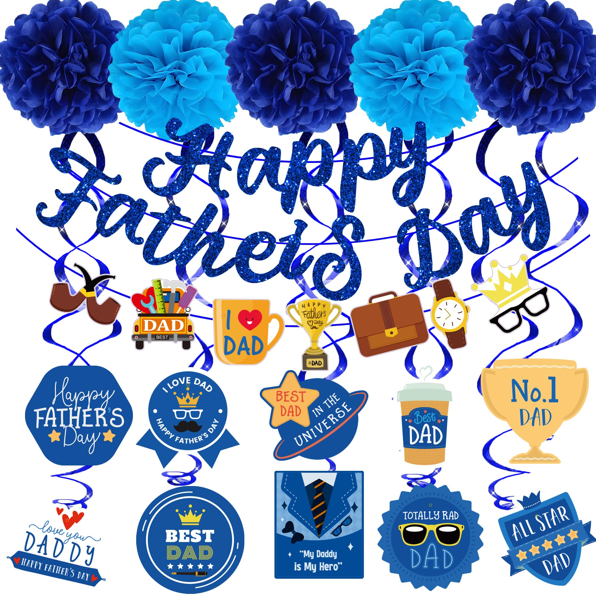 Father Day Decorations for Party Blue Best Dad Ever Decorations With Glitter Happy Father’s Day Banner Father’s Day Hanging Swirls Father Day