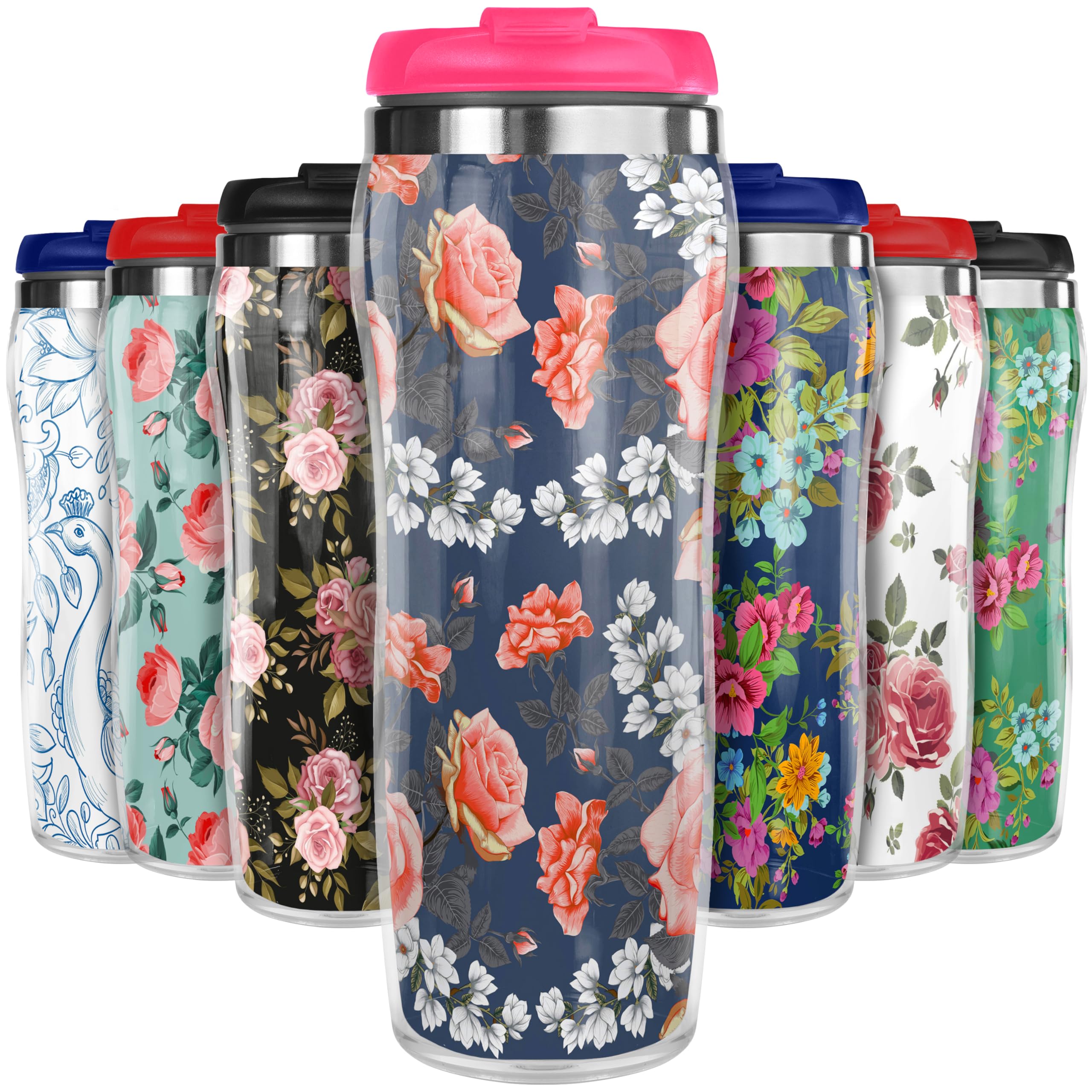 Pixly® Pink Roses and Magnolia Thermal Travel Mug Coffee Tea Flask, 400ml/14oz Capacity, Flower, Floral Pattern - Rose & Magnolia