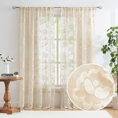Jubilantex Cortinas traslúcidas de encaje floral beige con borde decorativo festoneado, 95 pulgadas de largo para dormitorio, sala de estar,
