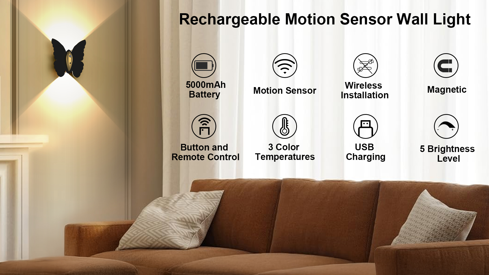 Image of Eneru Motion Sensor Wall Sconce Set of 2, Rechargeable Wall Lights, Indoor | 5000mAh Battery Operated Wall Sconces, Motion Activated, Magnetic Butterfly Night Light for Hallway Stair Closet Pantry Porch