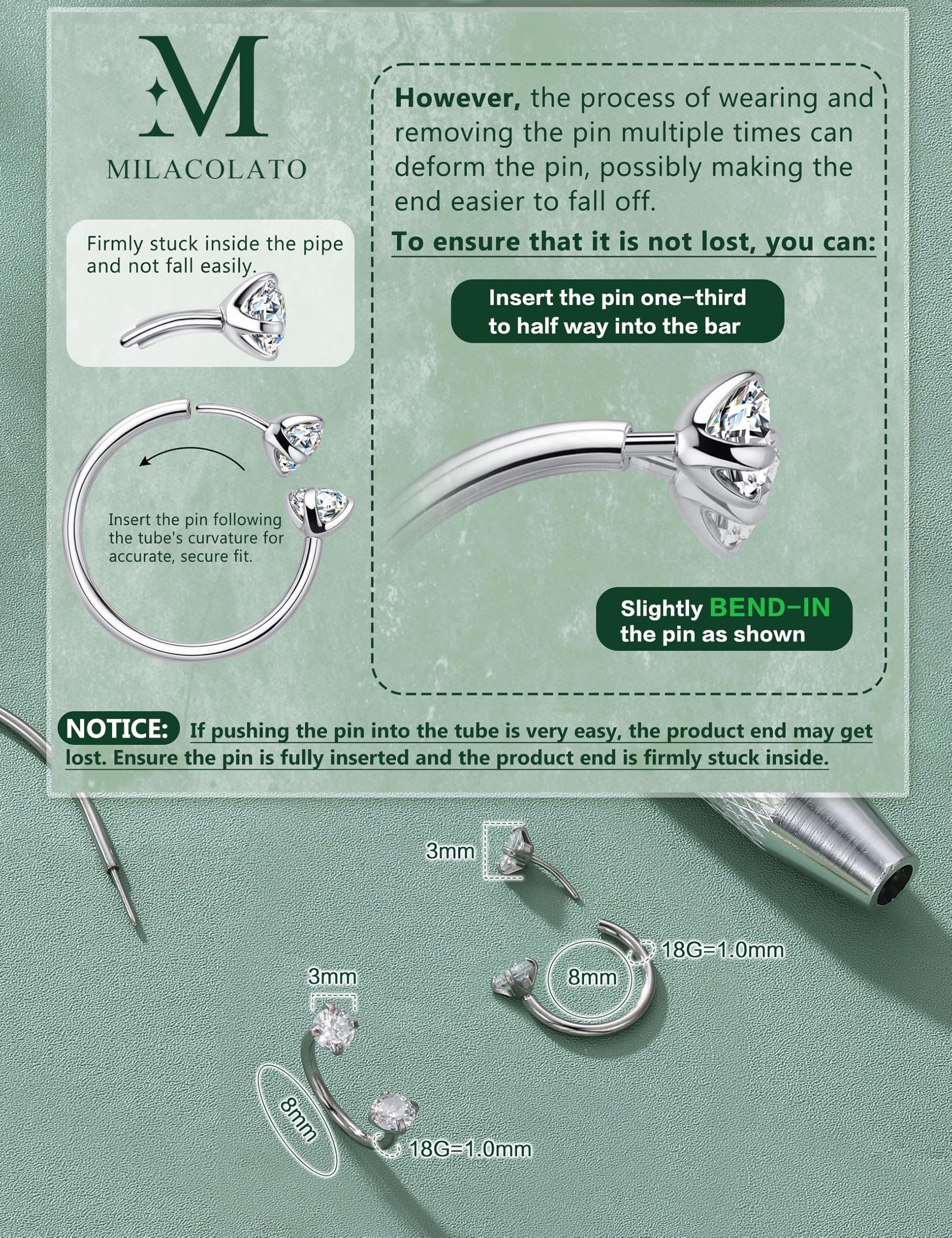 MILACOLATO 18G 20G Piercing Nariz Acero Quirurgico Septum Piercing de Nariz Herradura Oro Plata Circonita Cúbica Push-in Sin Rosca Helix Daith Tragus Labret Labio 6mm/8mm
