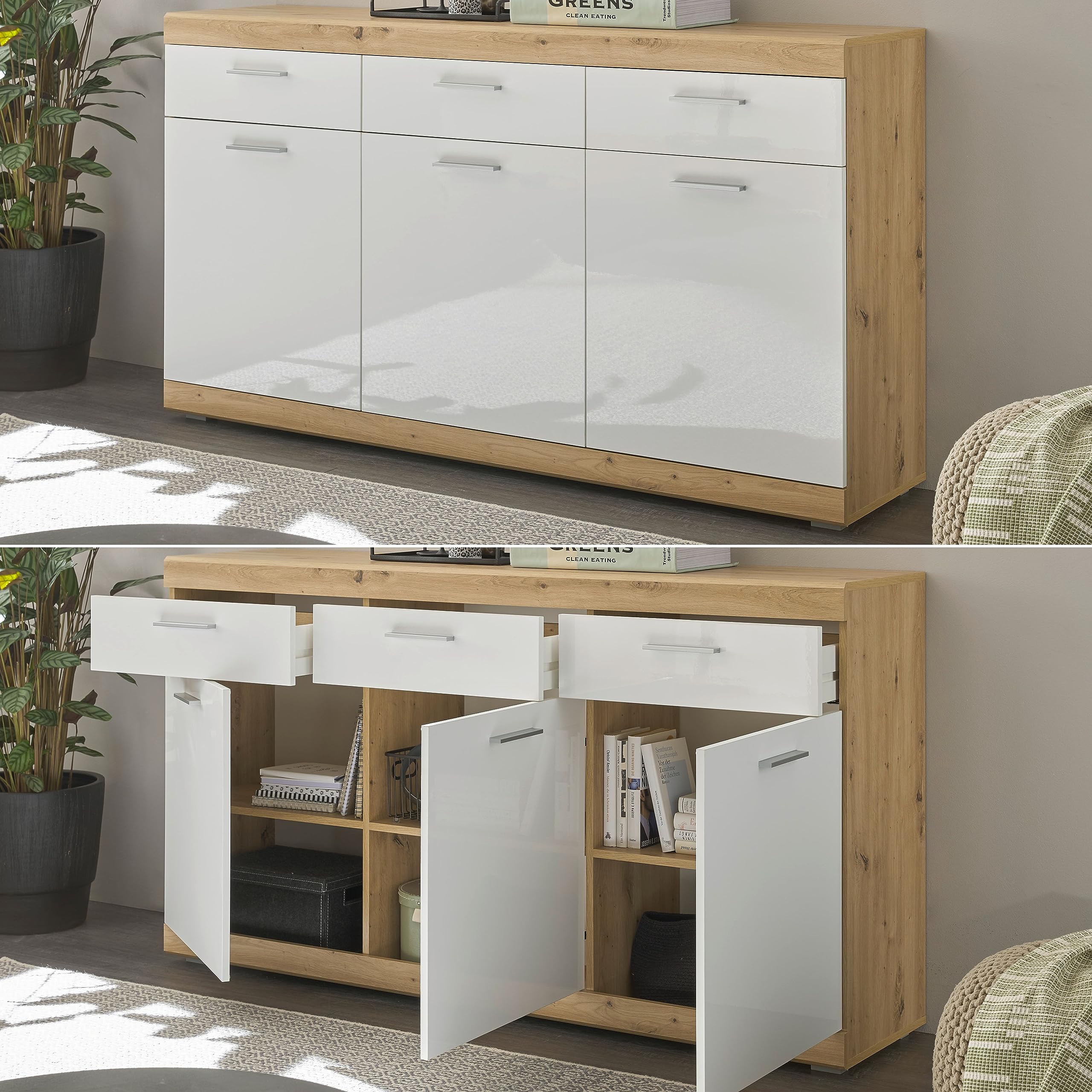 NOLA Sideboard in Artisan Eiche Optik, Weiß Hochglanz - Moderne Kommode mit Schubladen und viel Stauraum - 165 x 91 x 38 cm (B/H/T)