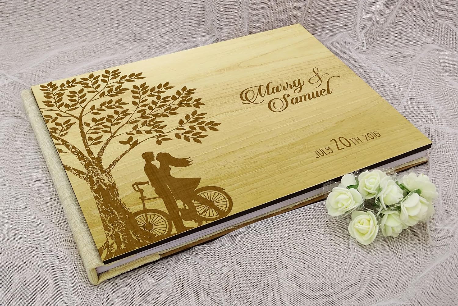 Handmade Personalized Guest Book Rustic Wedding Wood Wooden Engraved Name Advice Book, Tree- 50 Pages