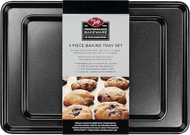 Tala Performance, Set 3 Baking Trays, Professional Gauge Carbon Steel with Eclipse Premuim Non-Stick Coating, Cooking and Roasting, One 34.5 x 24.4 cm Tray, Two 25 x 18 cm Trays