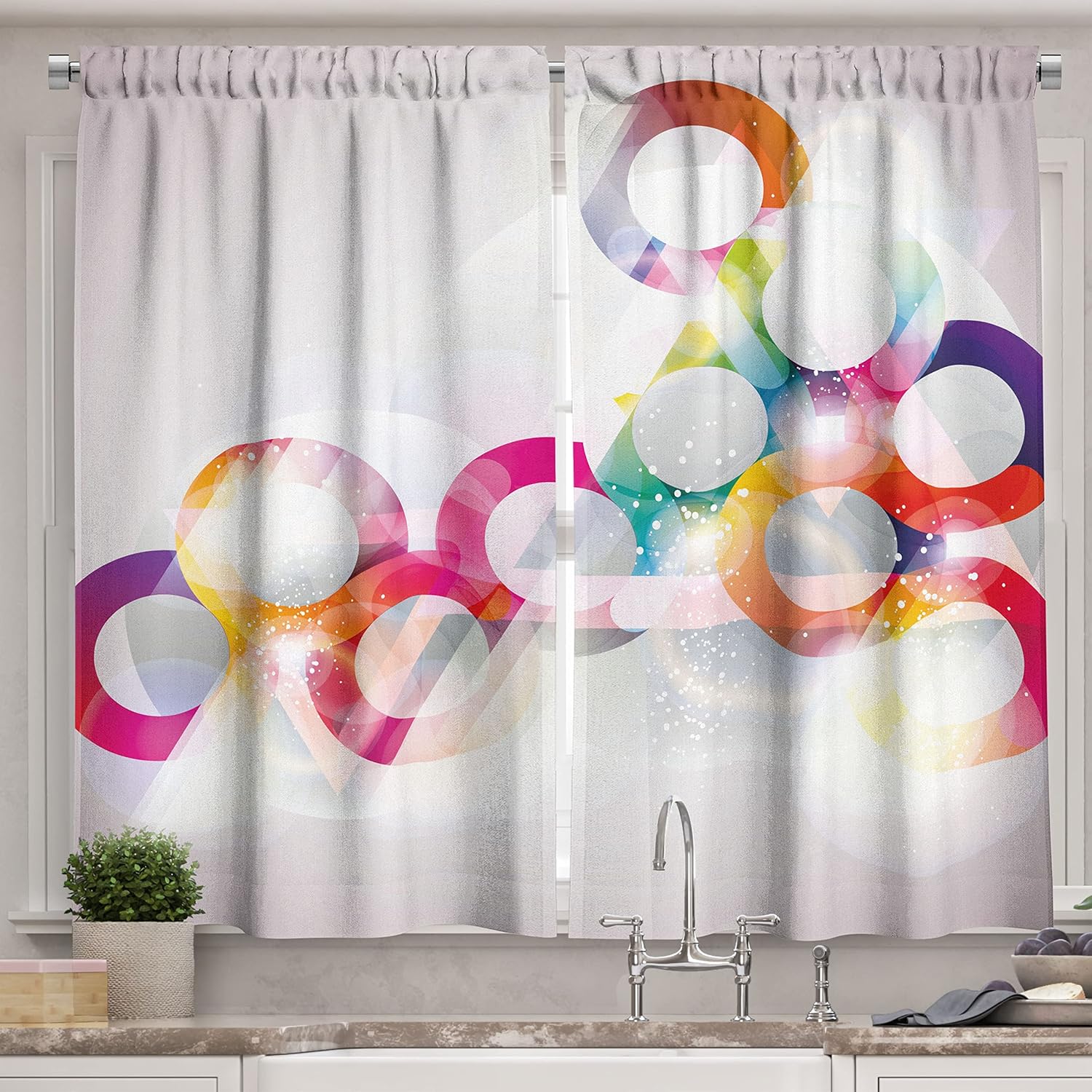 Ambesonne Abstract Long Kitchen Curtains, Disc Shaped Circular Patterned Gradient Colors of Bubbles in Modern Effects Art Print, Two Panels Drapes with Rod Pocket Room Decor, 55" x 45", Orange Purple