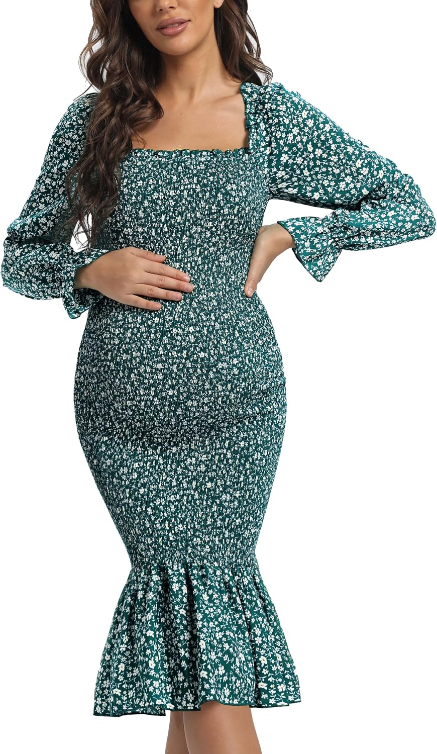 Maternity Spring Floral Midi Bodycon Dresses, Long Puff Sleeve Square Neck Ruffle Hem Mermaid Baby Shower Dress Dark Green M