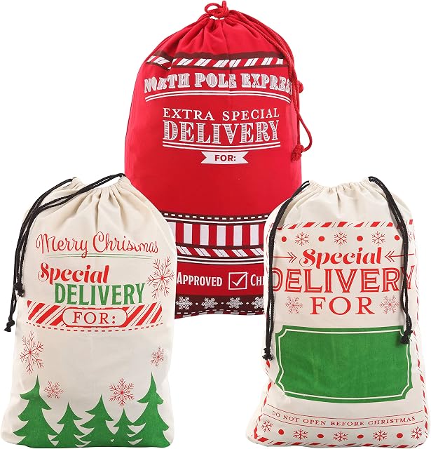 3 Christmas Gift Bags, Santa Burlap Sack with Drawstring 66cm x 48cm for Large Xmas Package Storage,Christmas Large Gift Bags