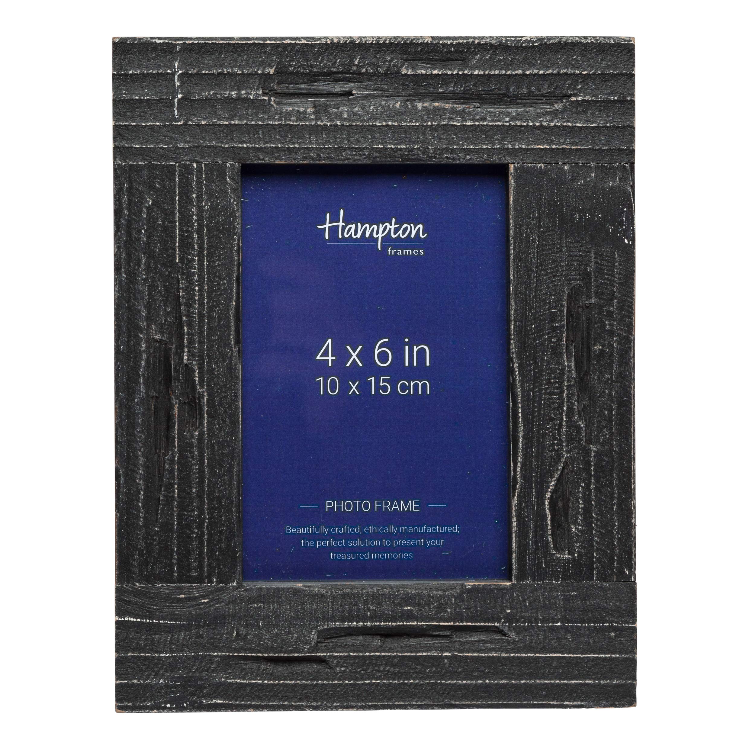 Hampton Frames | Photo Frame | 4x6 (10x15cm), Black, Rectangular, Distressed Wood | Wide 4.5cm Profile, Freestanding or Wall Mount | Shabby Chic Home Décor, Rustic Display