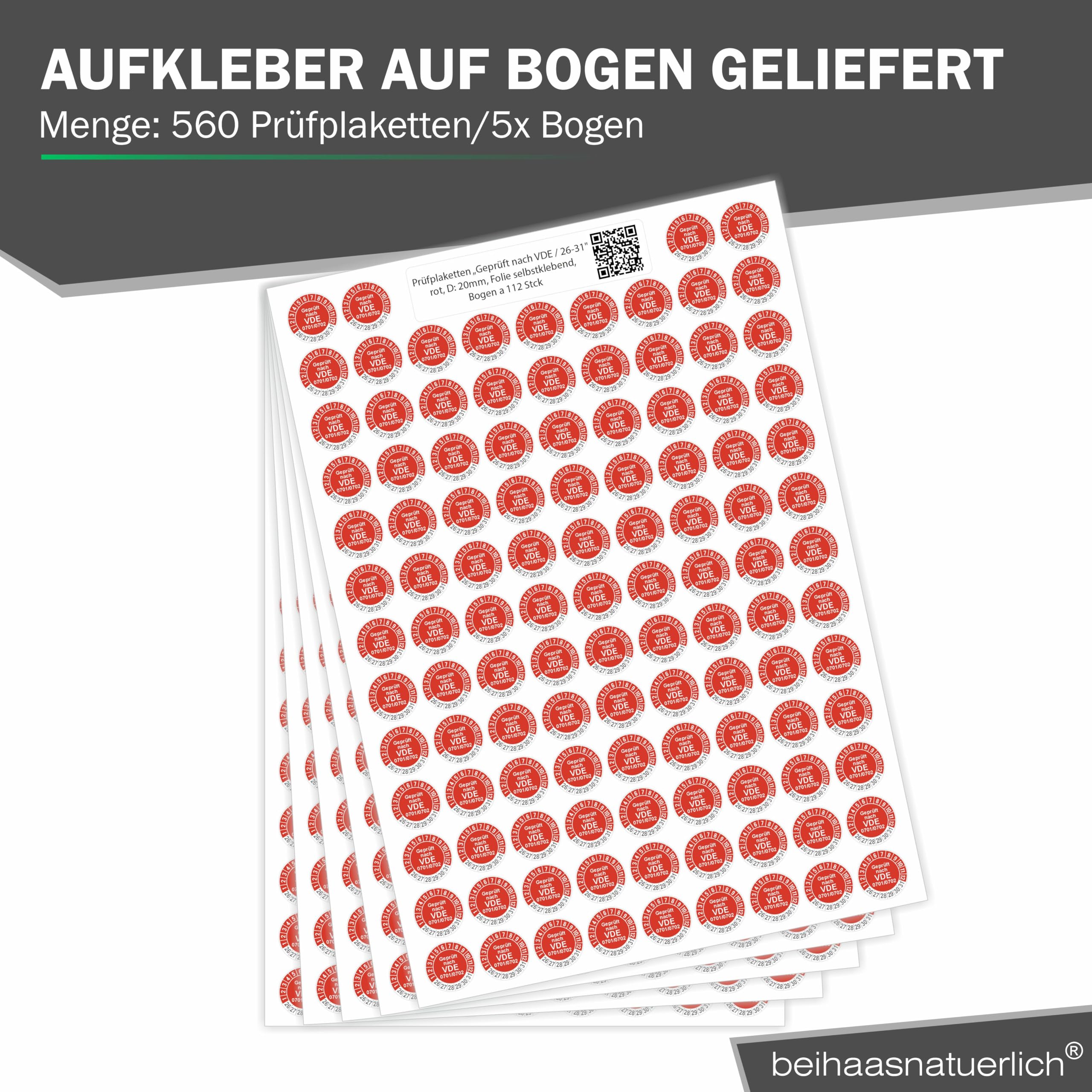 Fluxxx 560 Stk Prüfplaketten "Geprüft nach VDE", 20 mm Ø, Prüfetiketten nach DGUV V3, 2026-2031, selbstklebend, Prüfaufkleber, E-Check Prüfetikett, Plakette für Elektrogeräte (Rot, 5 Bogen)