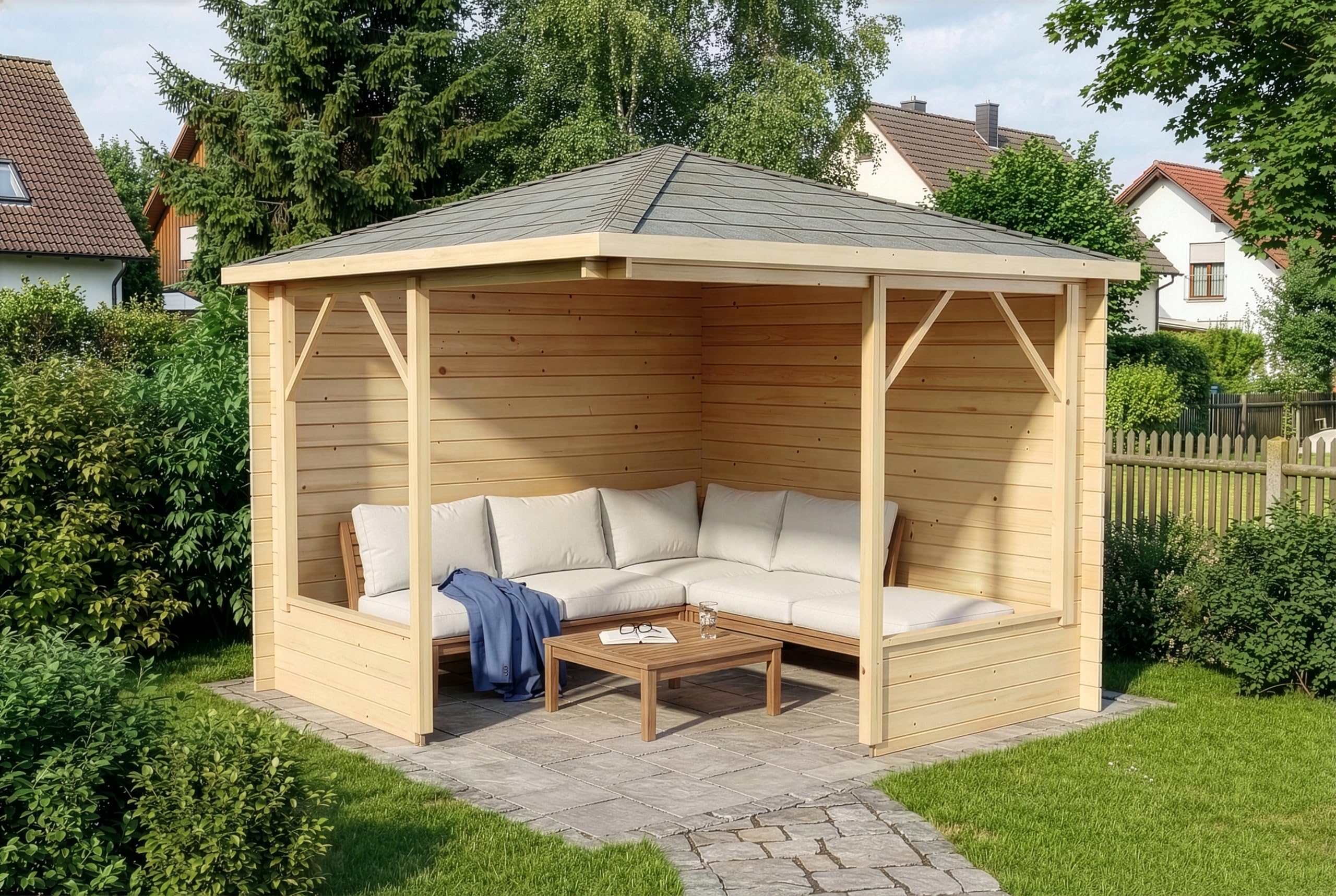 Alpholz 5-Eck Pavillon Maik-28 aus naturbelassenem Holz, 300 x 300cm mit 28 mm Wandstärke