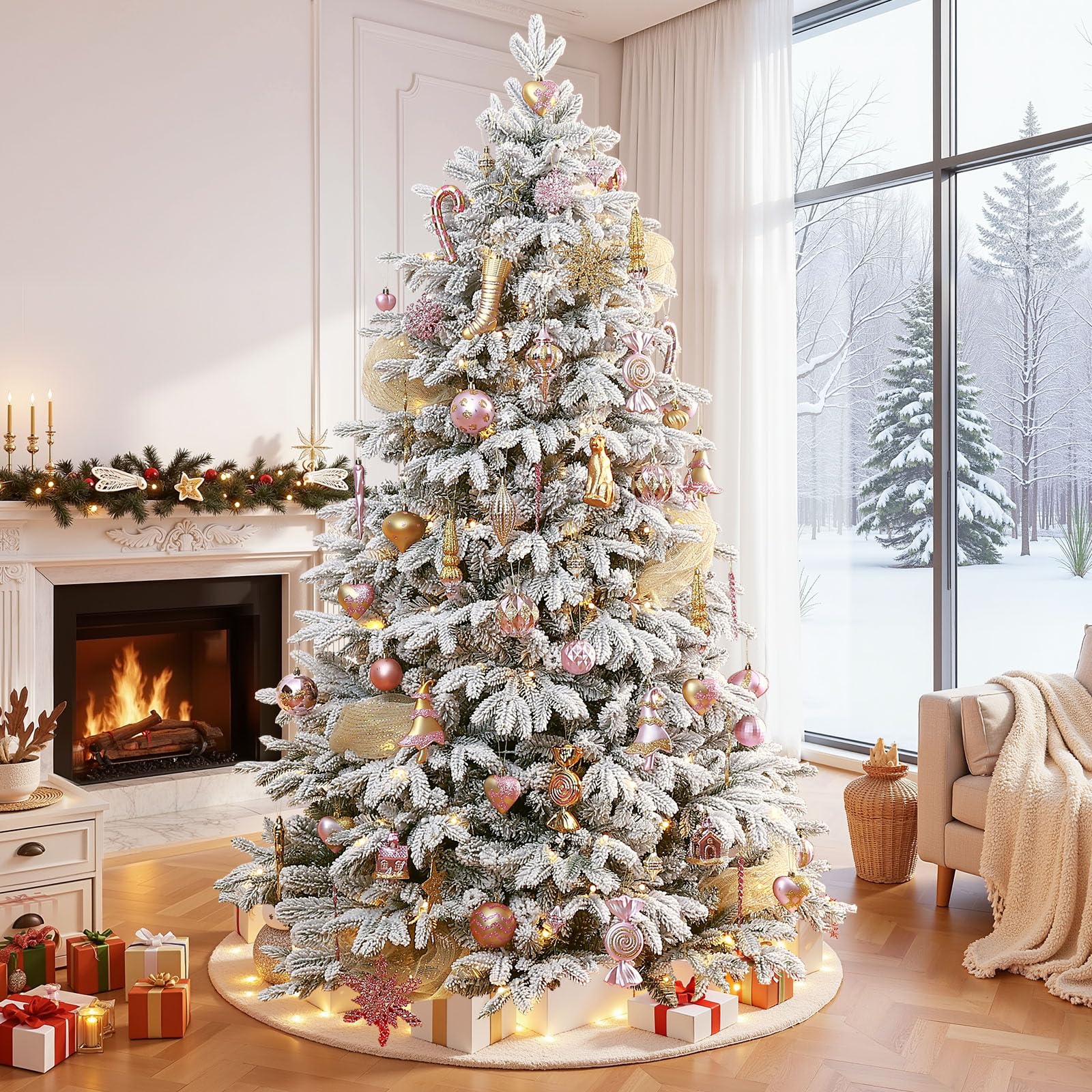 SHareconn Lot de 145 boules de Noël en plastique incassable – Flocons de neige, étoiles et cimier de sapin – Décorations de fête de mariage avec cordes à suspendre – Doré et rose